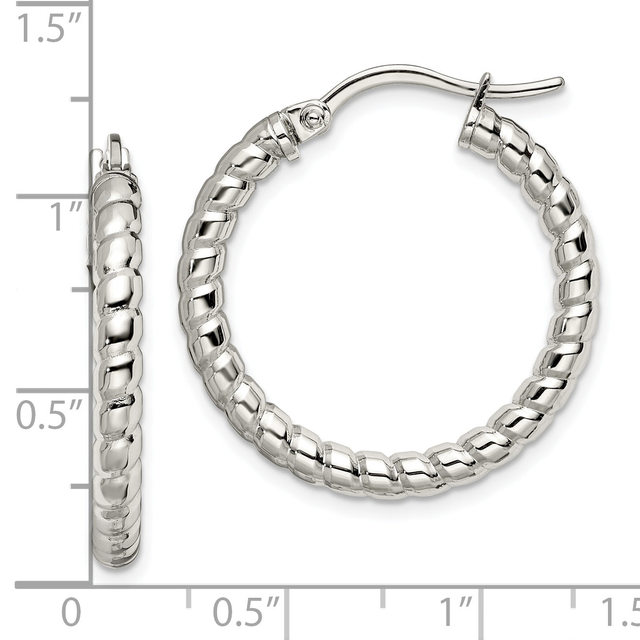 Chisel Stainless Steel Polished and Textured 20mm Diameter Hollow Hoop Earrings