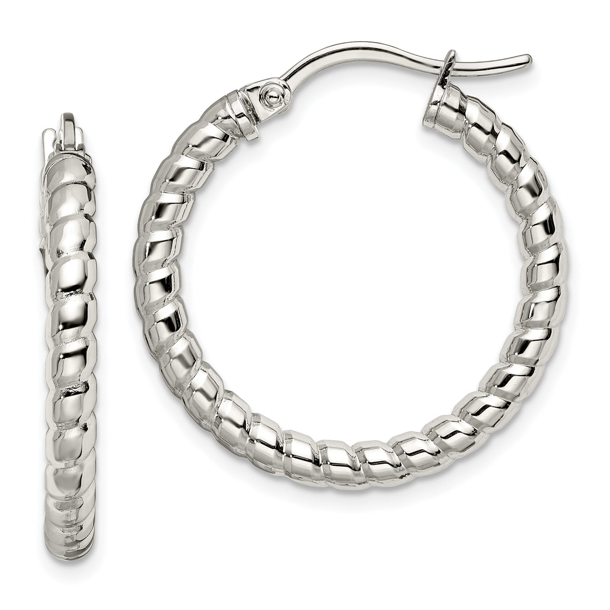 Chisel Stainless Steel Polished and Textured 20mm Diameter Hollow Hoop Earrings