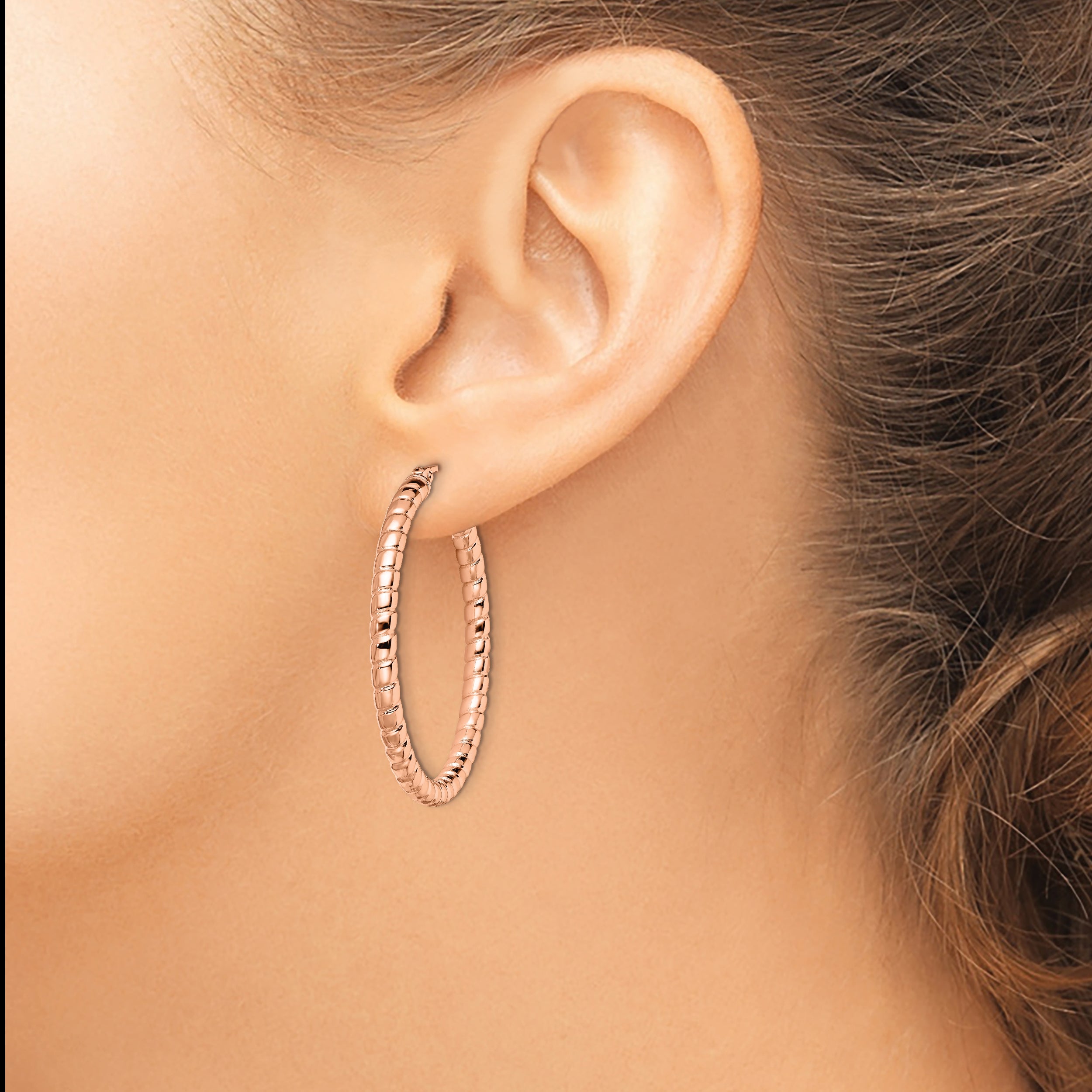 Chisel Stainless Steel Polished and Textured Rose IP-plated Hollow Hoop Earrings