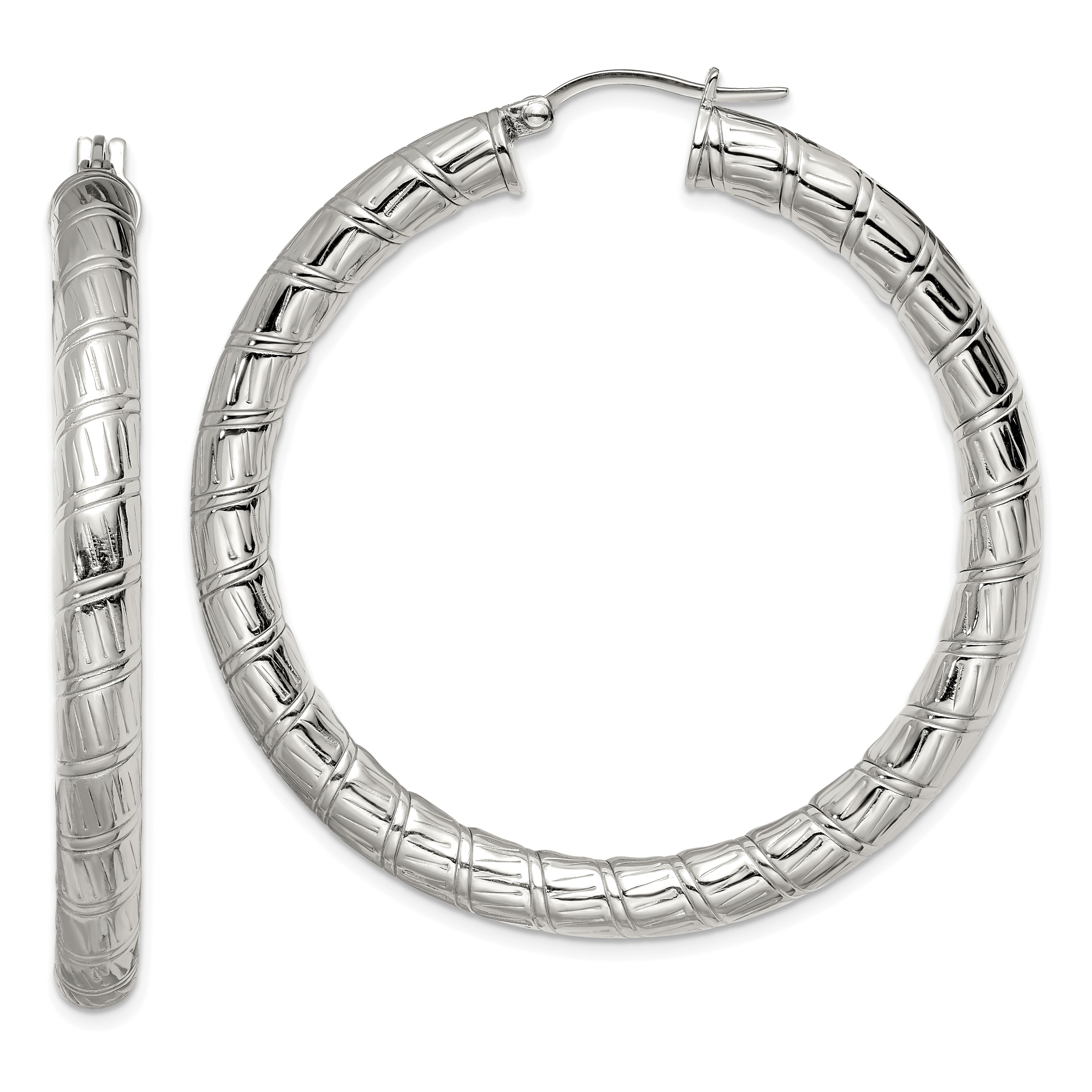 Stainless Steel Polished and Textured Hollow Hoop Earrings