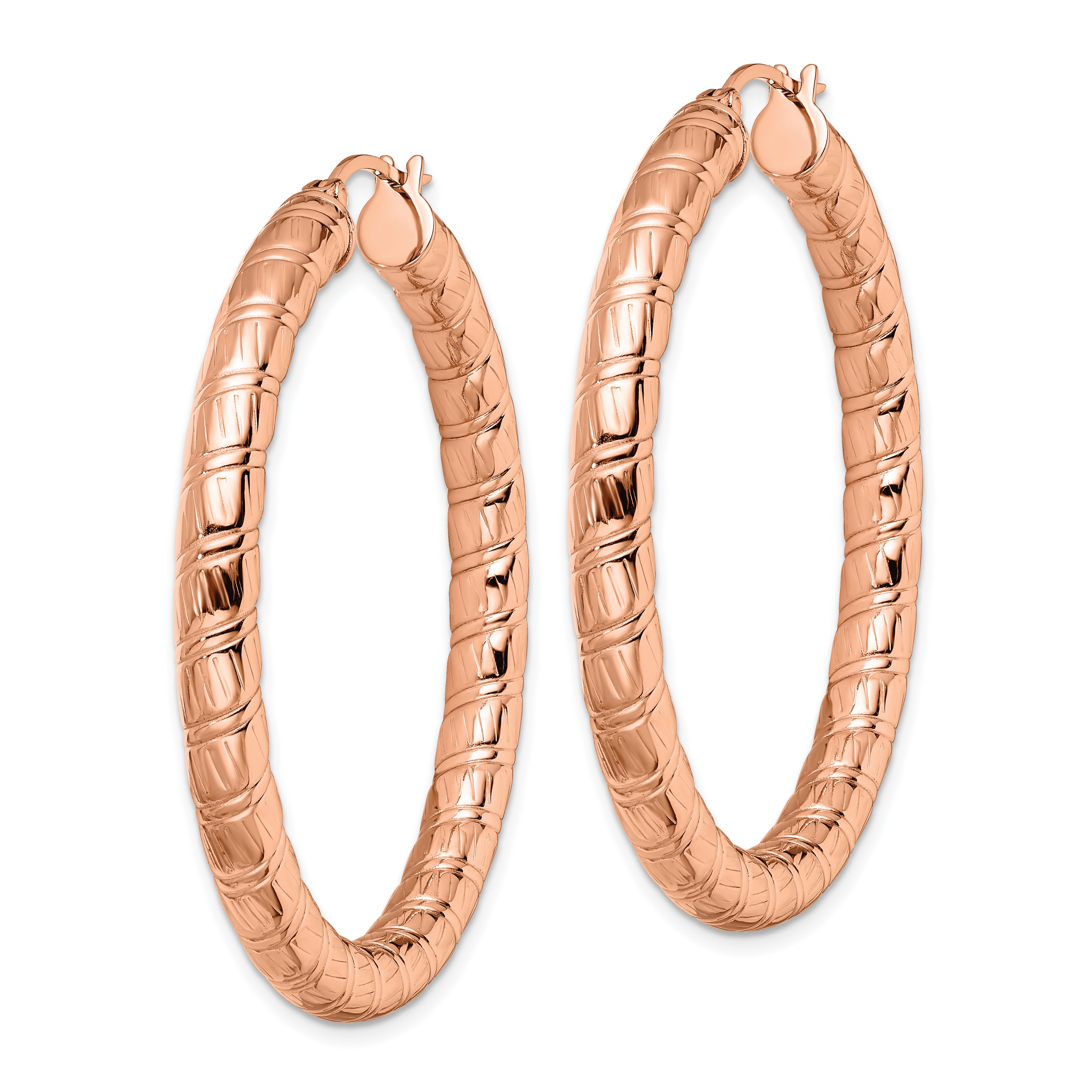 Stainless Steel Polished & Textured Rose IP-plated Hollow Hoop Earrings