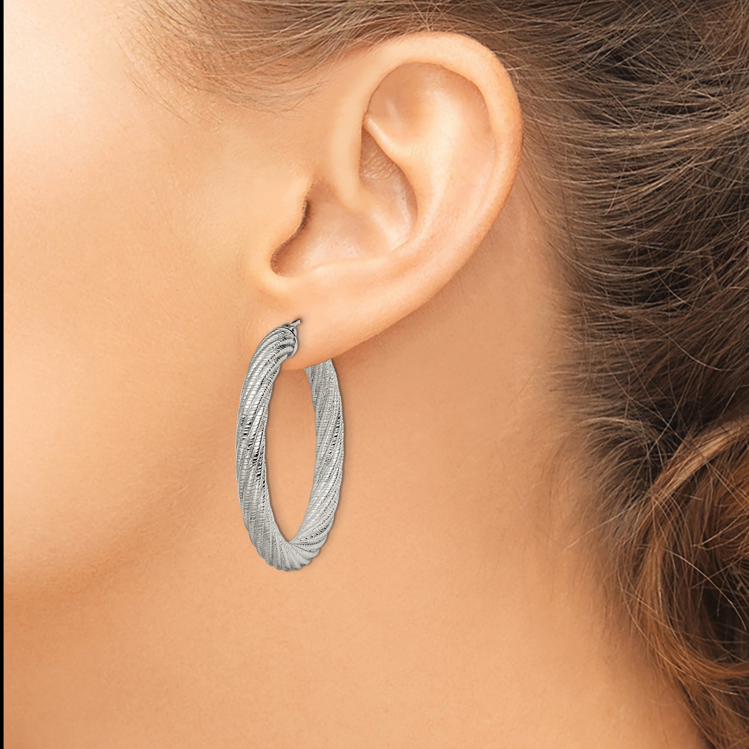 Chisel Stainless Steel Polished and Textured Hollow Hoop Earrings