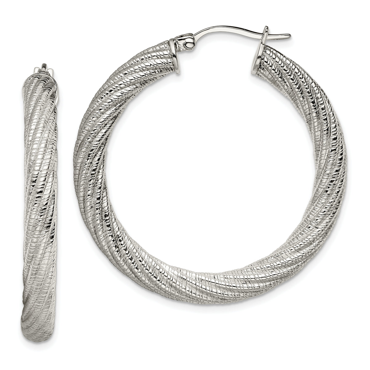 Chisel Stainless Steel Polished and Textured Hollow Hoop Earrings