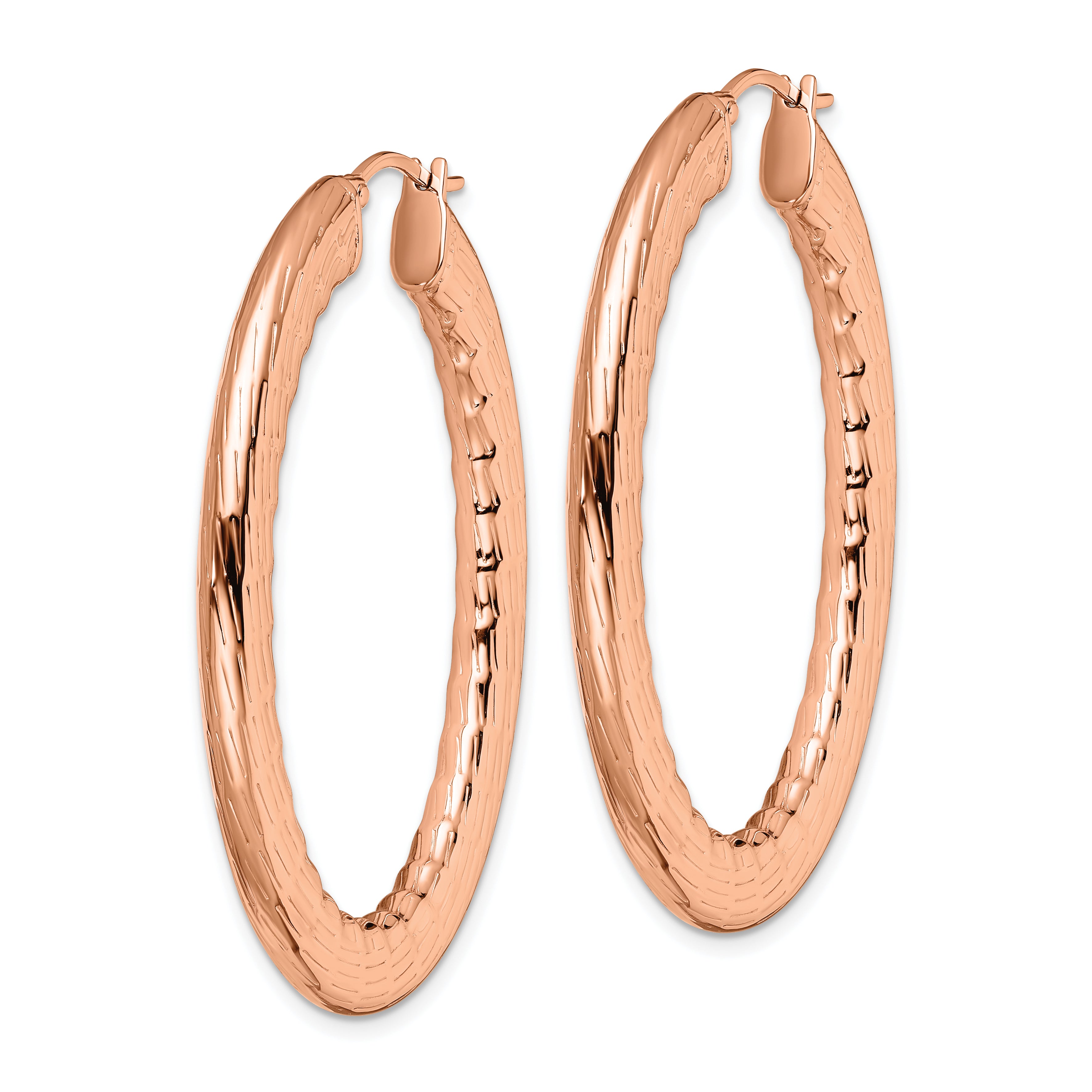 Chisel Stainless Steel Polished and Textured Rose IP-plated Hollow Oval Hoop Earrings