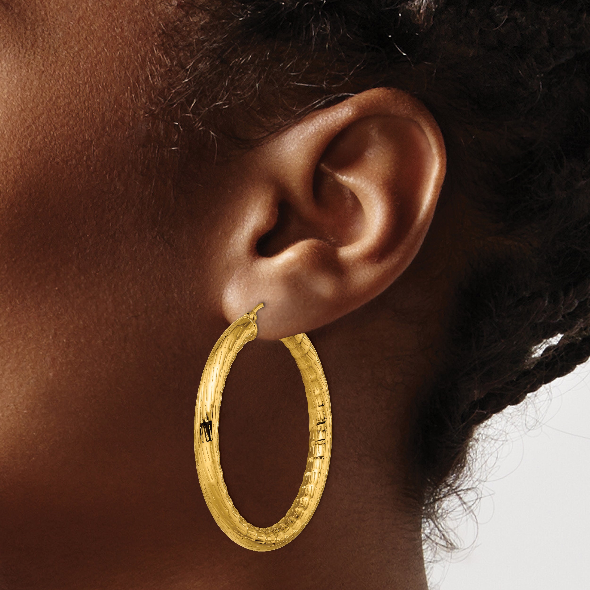 Chisel Stainless Steel Polished and Textured Yellow IP-plated Hoop Earrings