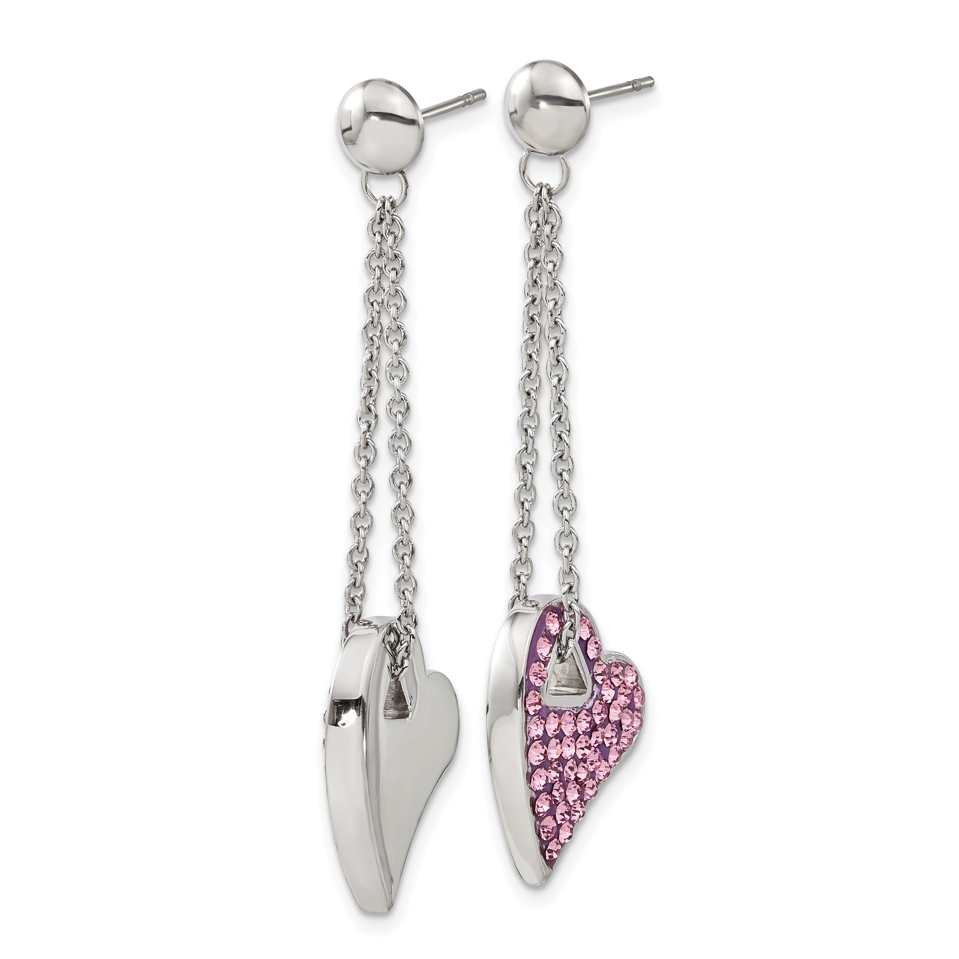 Stainless Steel Heart Dangle Earrings with Pink Crystals in Gift Pouch