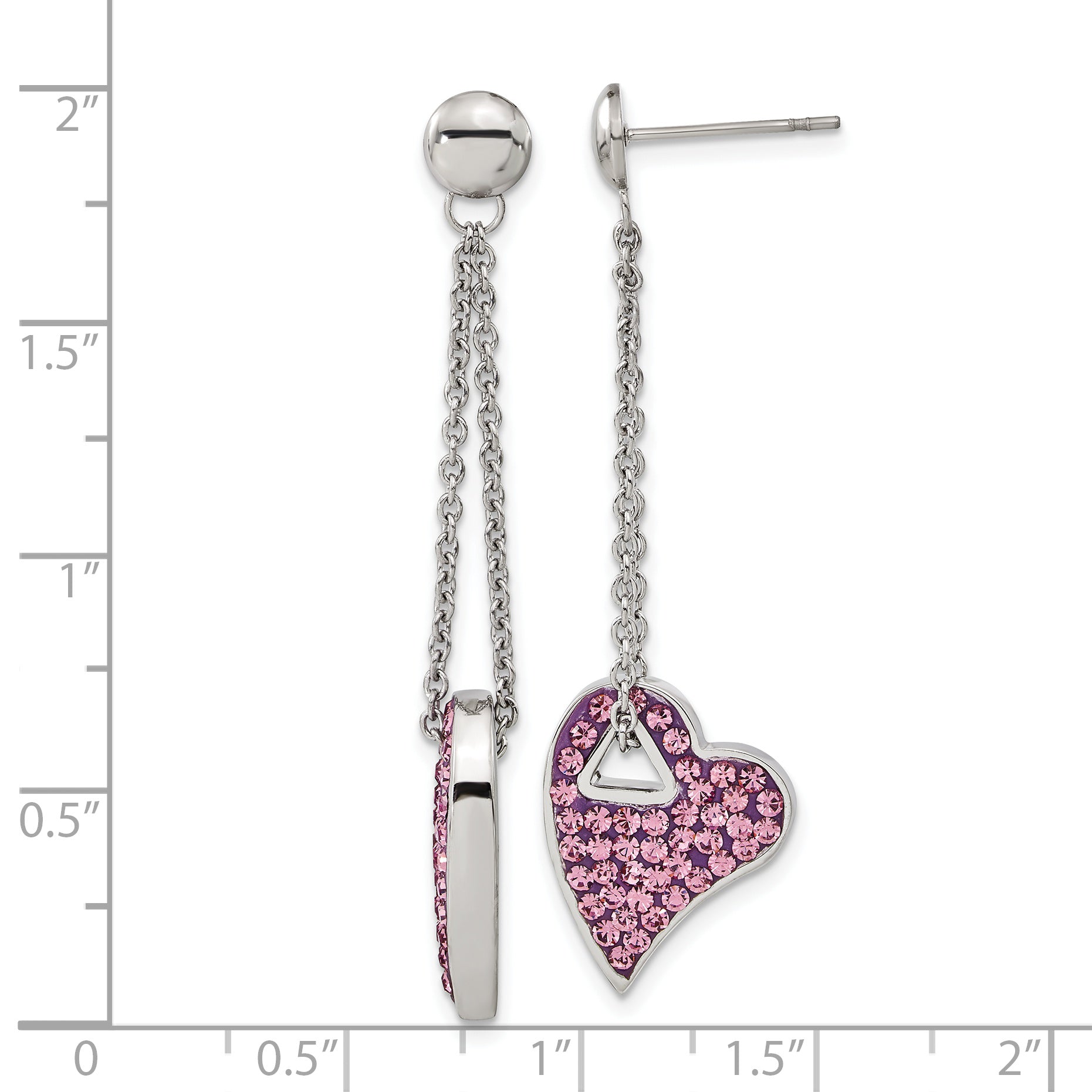 Stainless Steel Heart Dangle Earrings with Pink Crystals in Gift Pouch