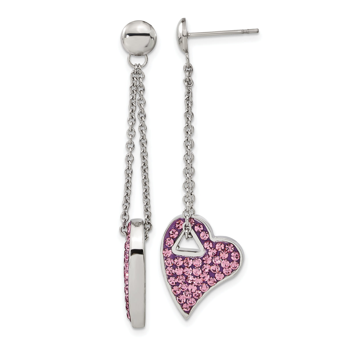 Stainless Steel Pink Crystal Post Dangle Heart Earrings