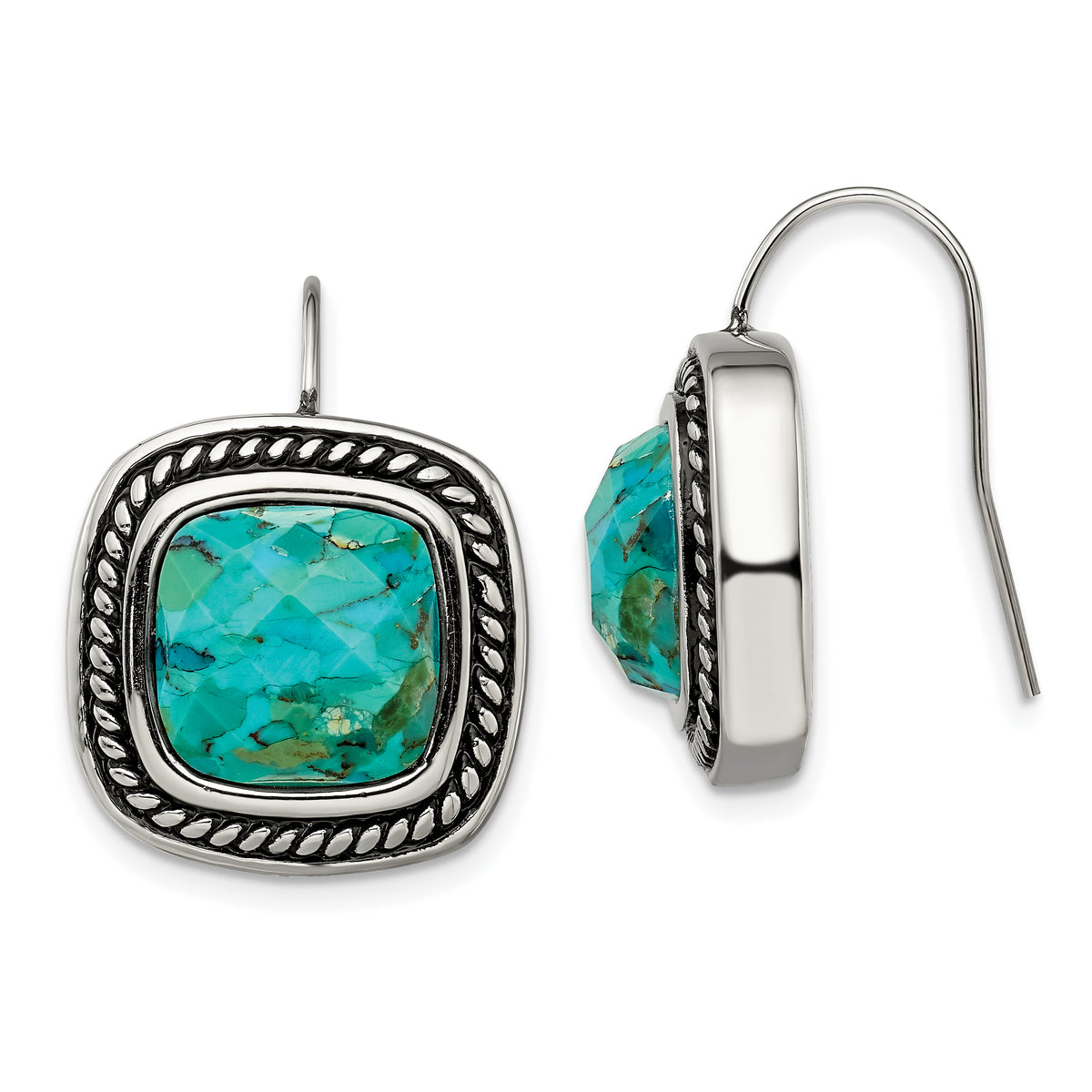 Chisel Stainless Steel Antiqued and Polished Imitation Turquoise Shepherd Hook Earrings