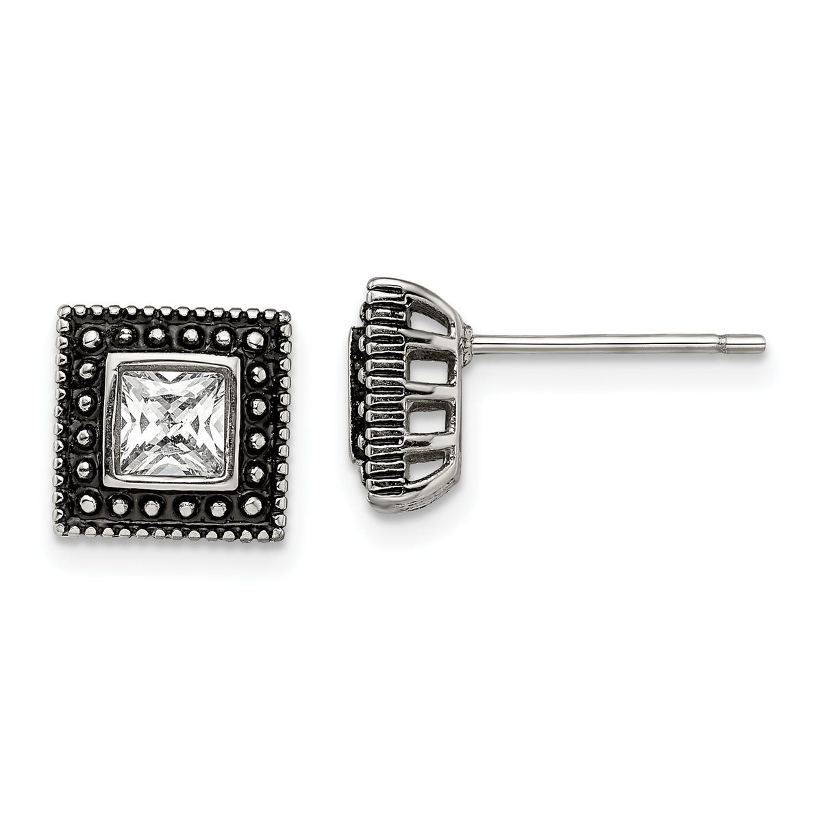 Chisel Stainless Steel Antiqued and Polished CZ Square Post Earrings