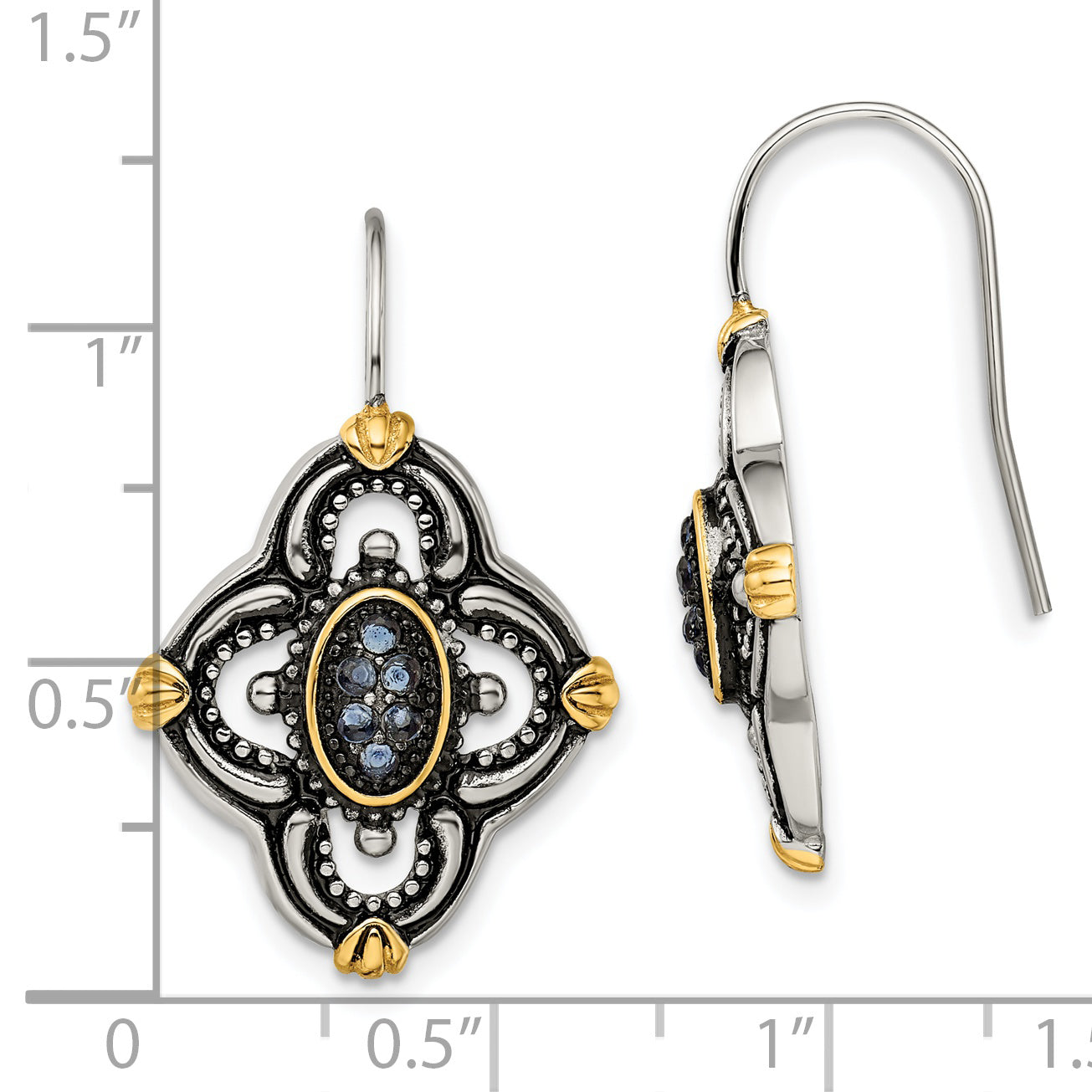 Chisel Stainless Steel Antiqued Polished and Textured Yellow IP-plated with Blue Glass Shepherd Hook Earrings