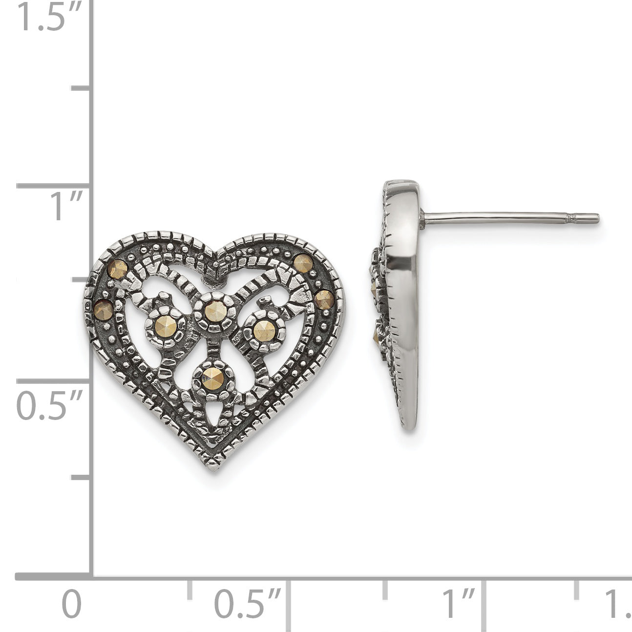 Sophia Jewelers Stainless Steel Marcasite Heart Earrings Polished Antiqued Finish