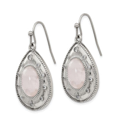 Stainless Steel Polished Rose Quartz and CZ Shepherd Hook Earrings