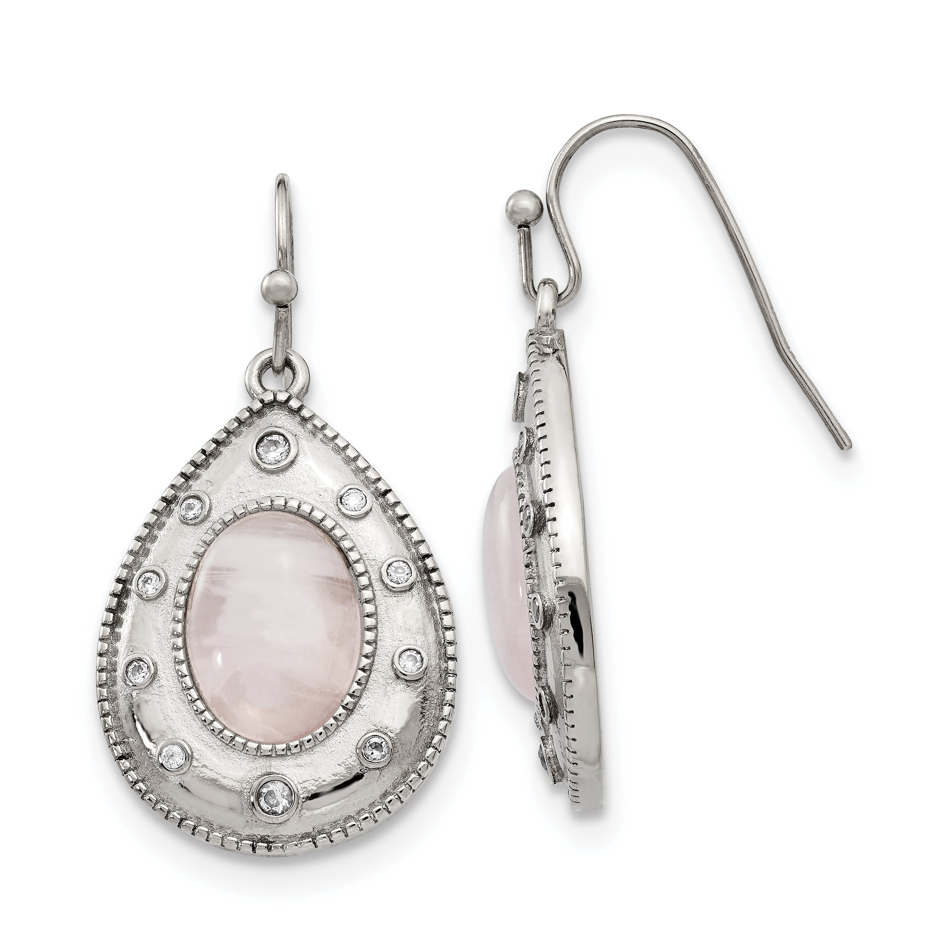 Stainless Steel Polished Rose Quartz and CZ Shepherd Hook Earrings