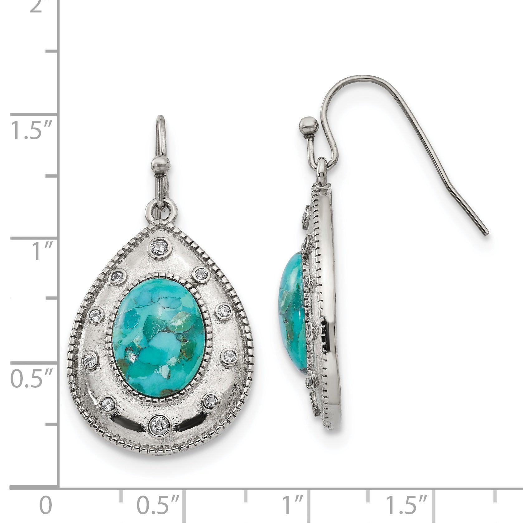 Chisel Stainless Steel Polished Imitation Turquoise and CZ Dangle Shepherd Hook Earrings