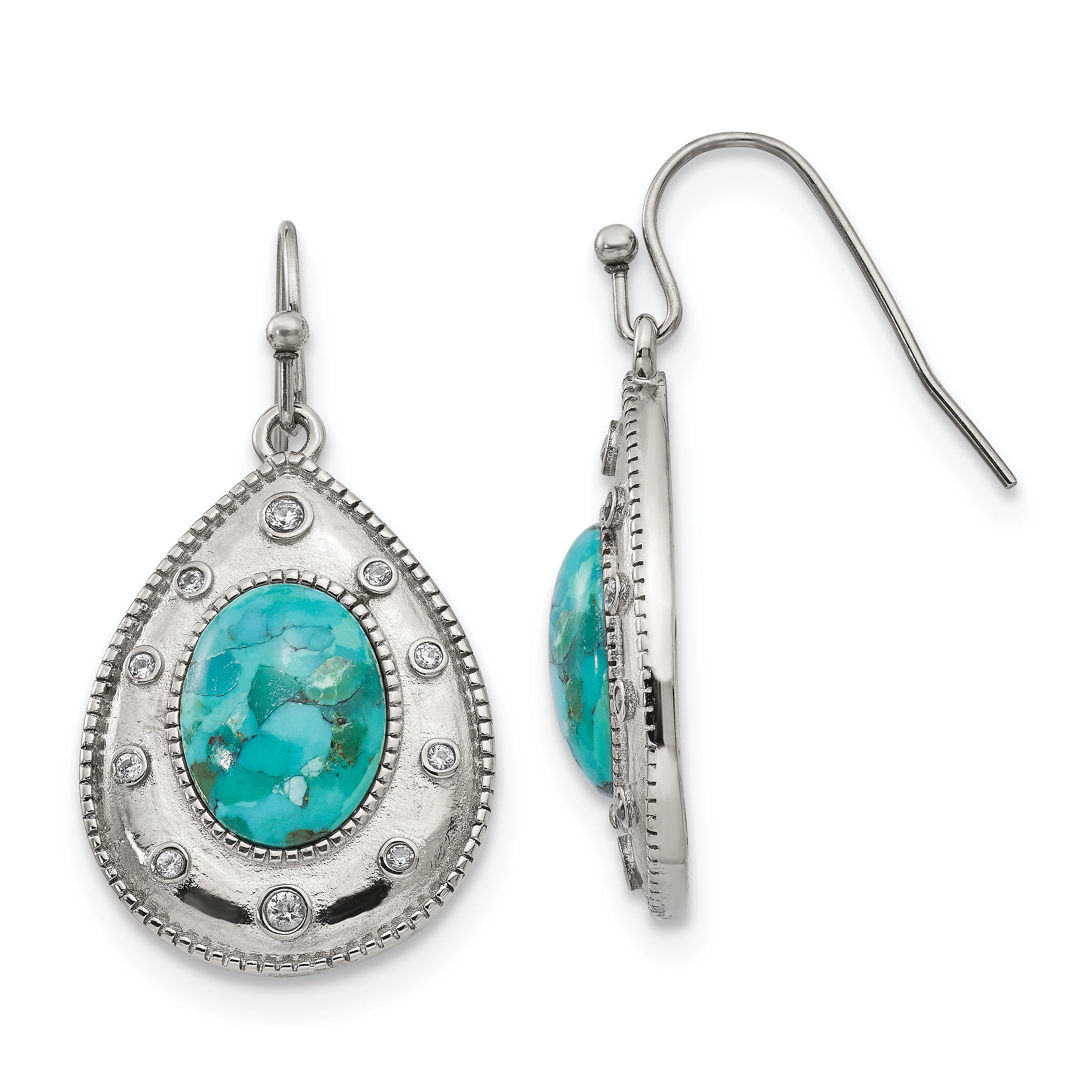 Chisel Stainless Steel Polished Imitation Turquoise and CZ Dangle Shepherd Hook Earrings