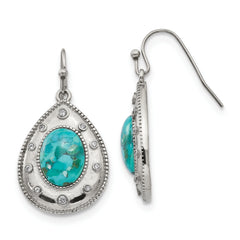 Chisel Stainless Steel Polished Imitation Turquoise and CZ Dangle Shepherd Hook Earrings