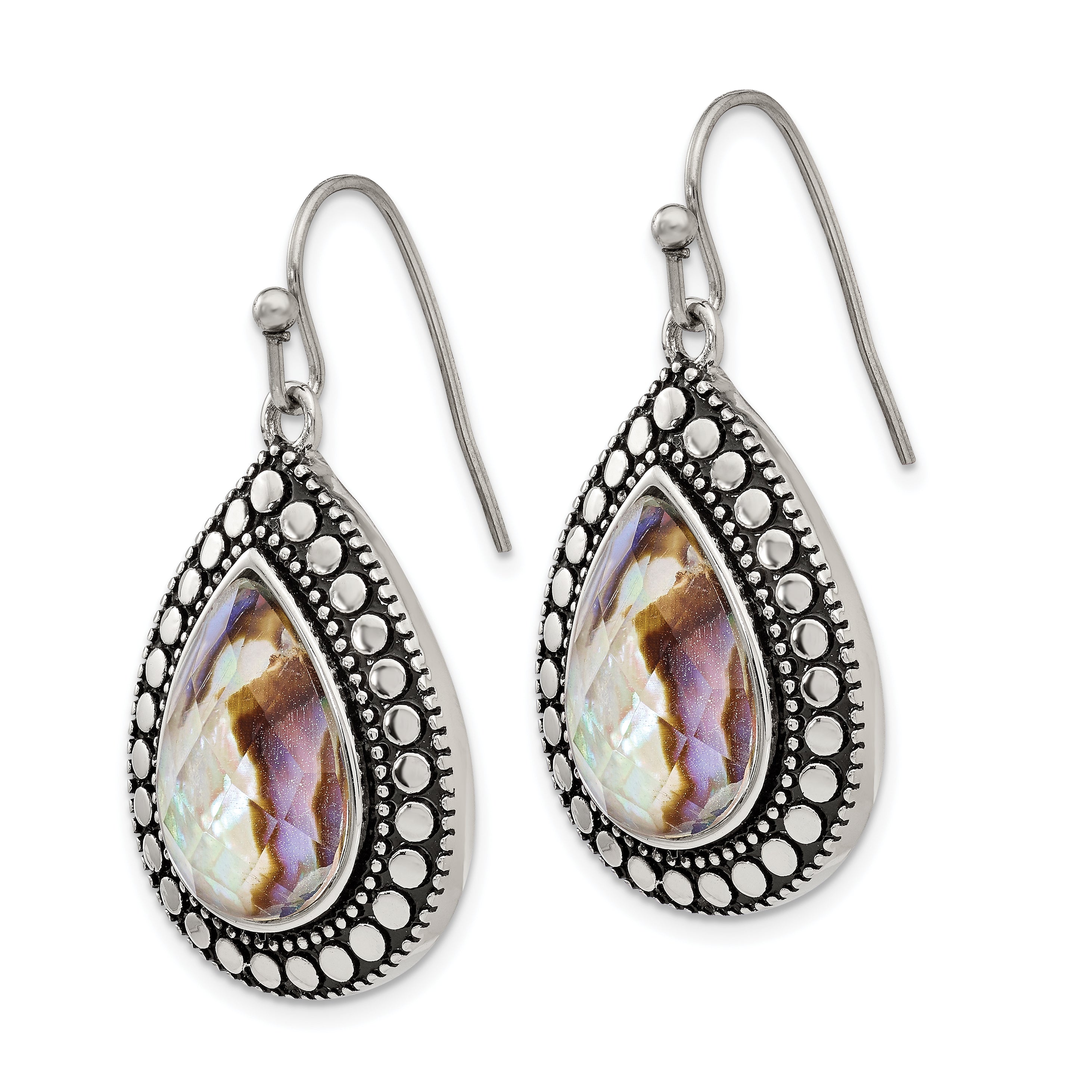 Stainless Steel Antiqued and Polished Imitation Abalone Dangle Earrings