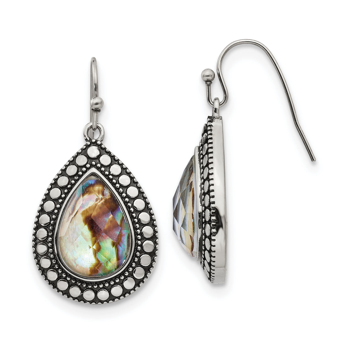 Stainless Steel Antiqued and Polished Imitation Abalone Dangle Earrings