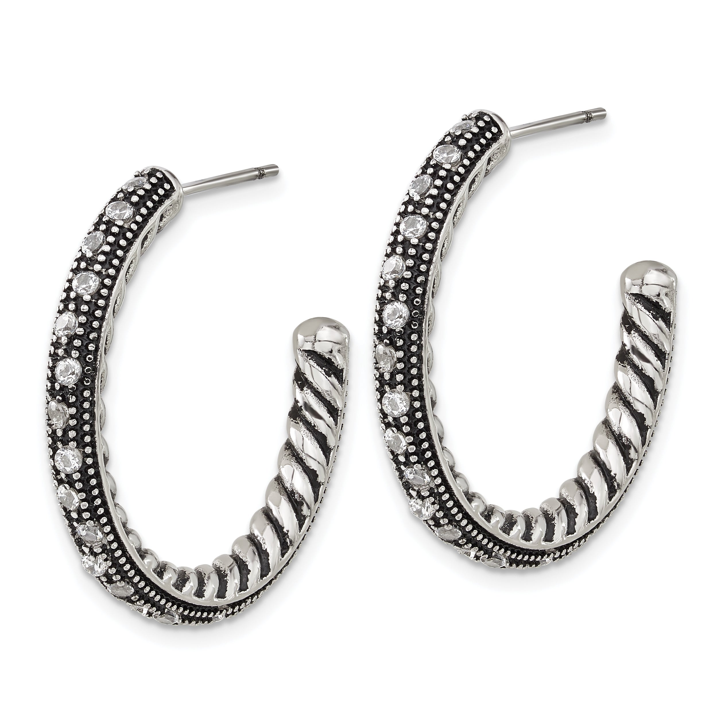 Sophia Jewelers Stainless Steel CZ Hoop Earrings with Polished Antique Finish