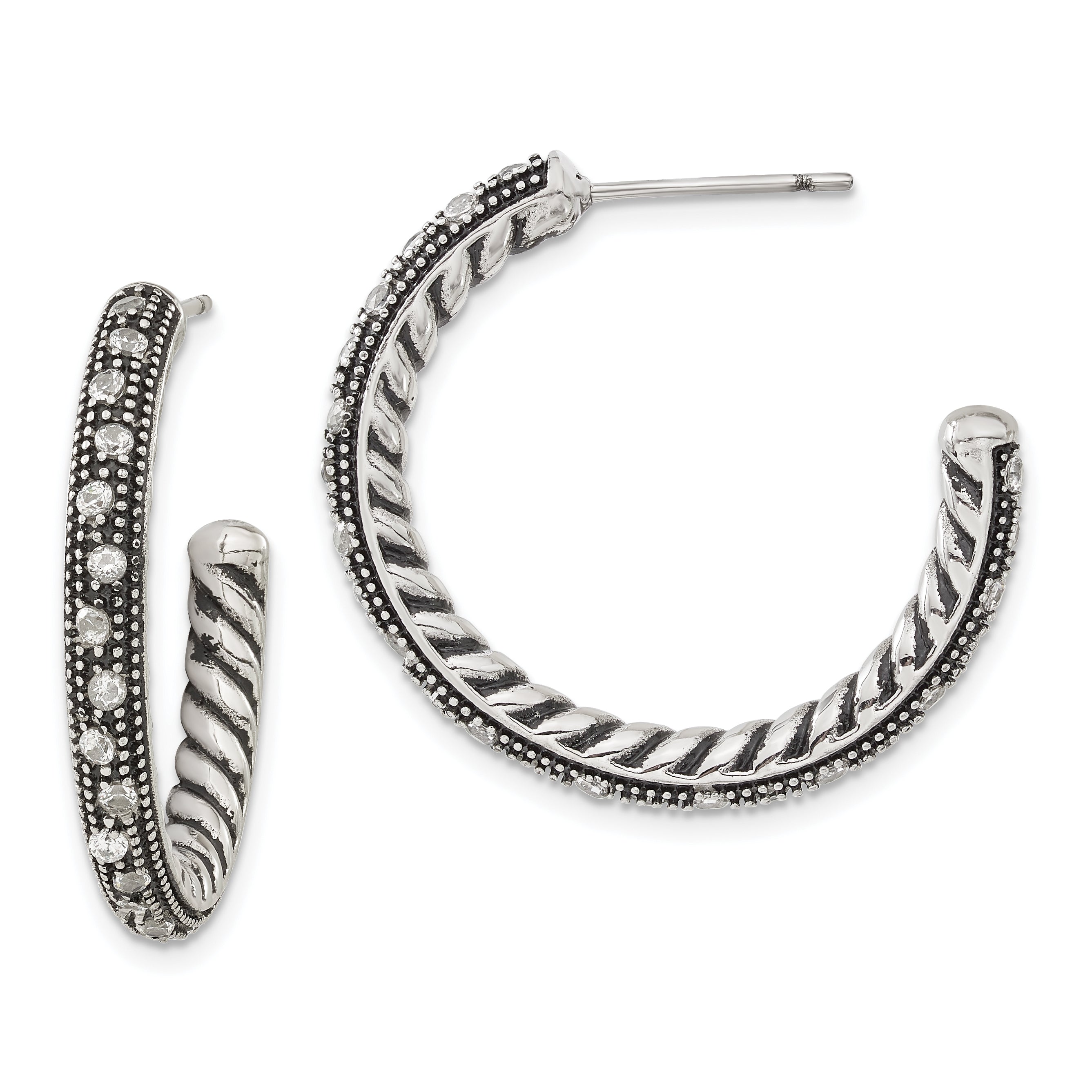 Stainless Steel Polished & Antiqued CZ Post Hoop Earrings