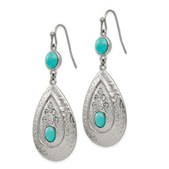 Chisel Stainless Steel Polished Hammered with Imitation Turquoise and CZ Dangle Shepherd Hook Earrings