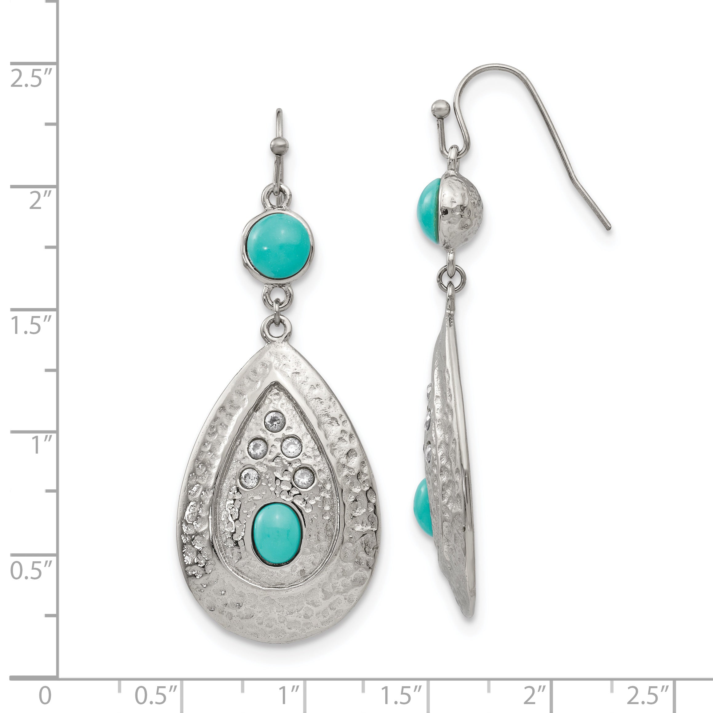 Chisel Stainless Steel Polished Hammered with Imitation Turquoise and CZ Dangle Shepherd Hook Earrings