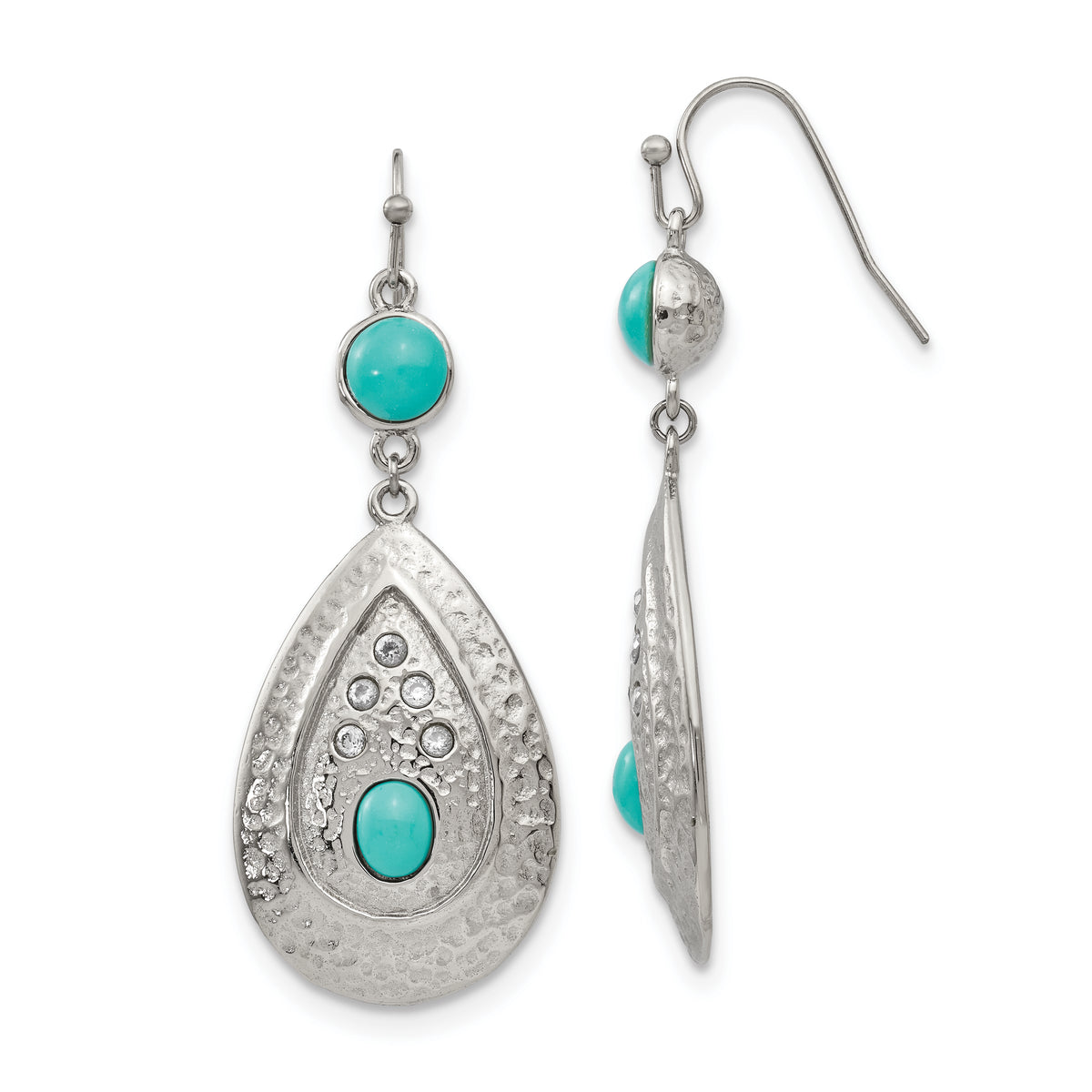 Chisel Stainless Steel Polished Hammered with Imitation Turquoise and CZ Dangle Shepherd Hook Earrings