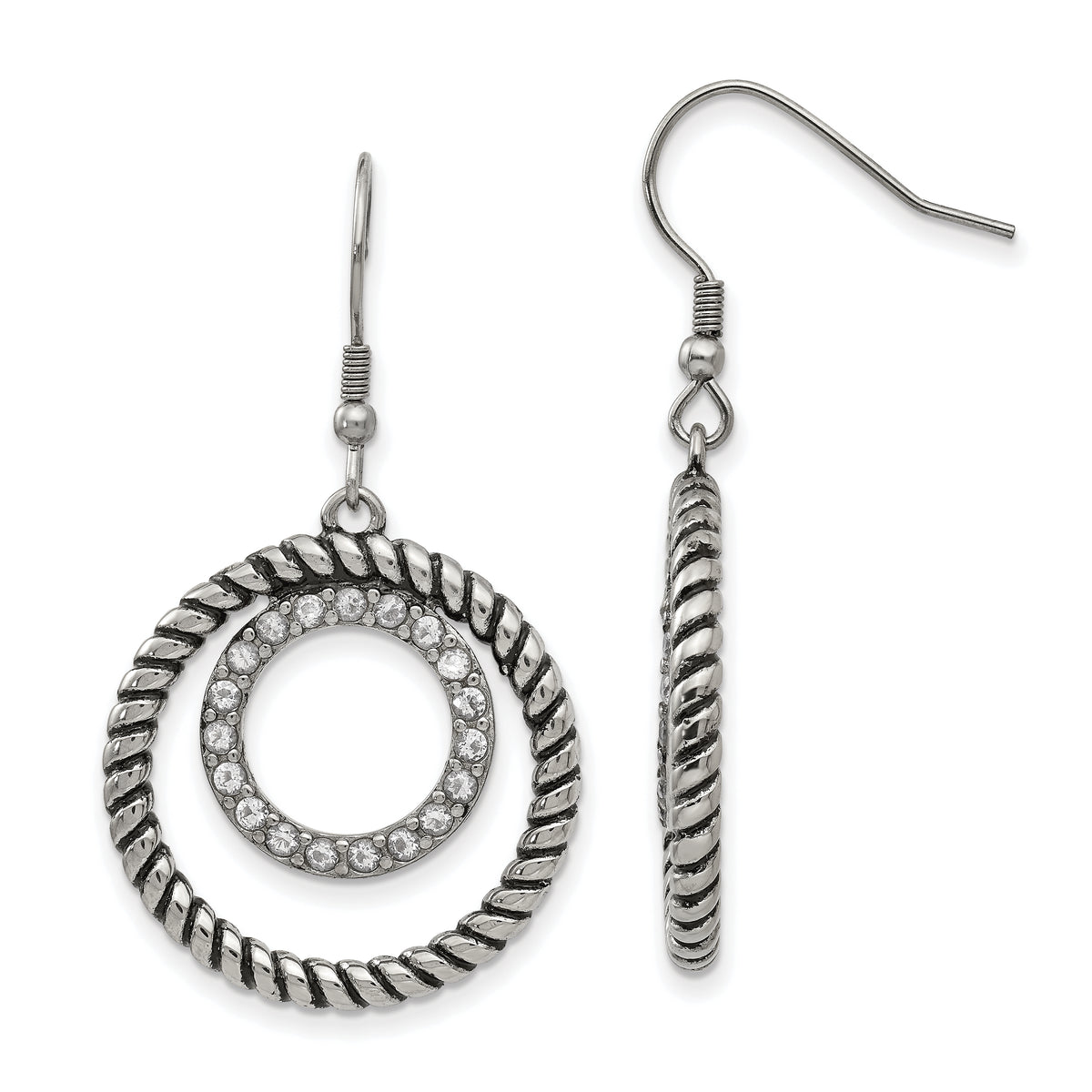 Stainless Steel Antiqued and Polished w/CZ Circle Dangle Earrings