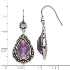 Stainless Steel Polished & Antiqued Purple & Clear CZ Dangle Earrings