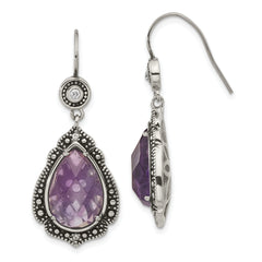 Stainless Steel Polished & Antiqued Purple & Clear CZ Dangle Earrings