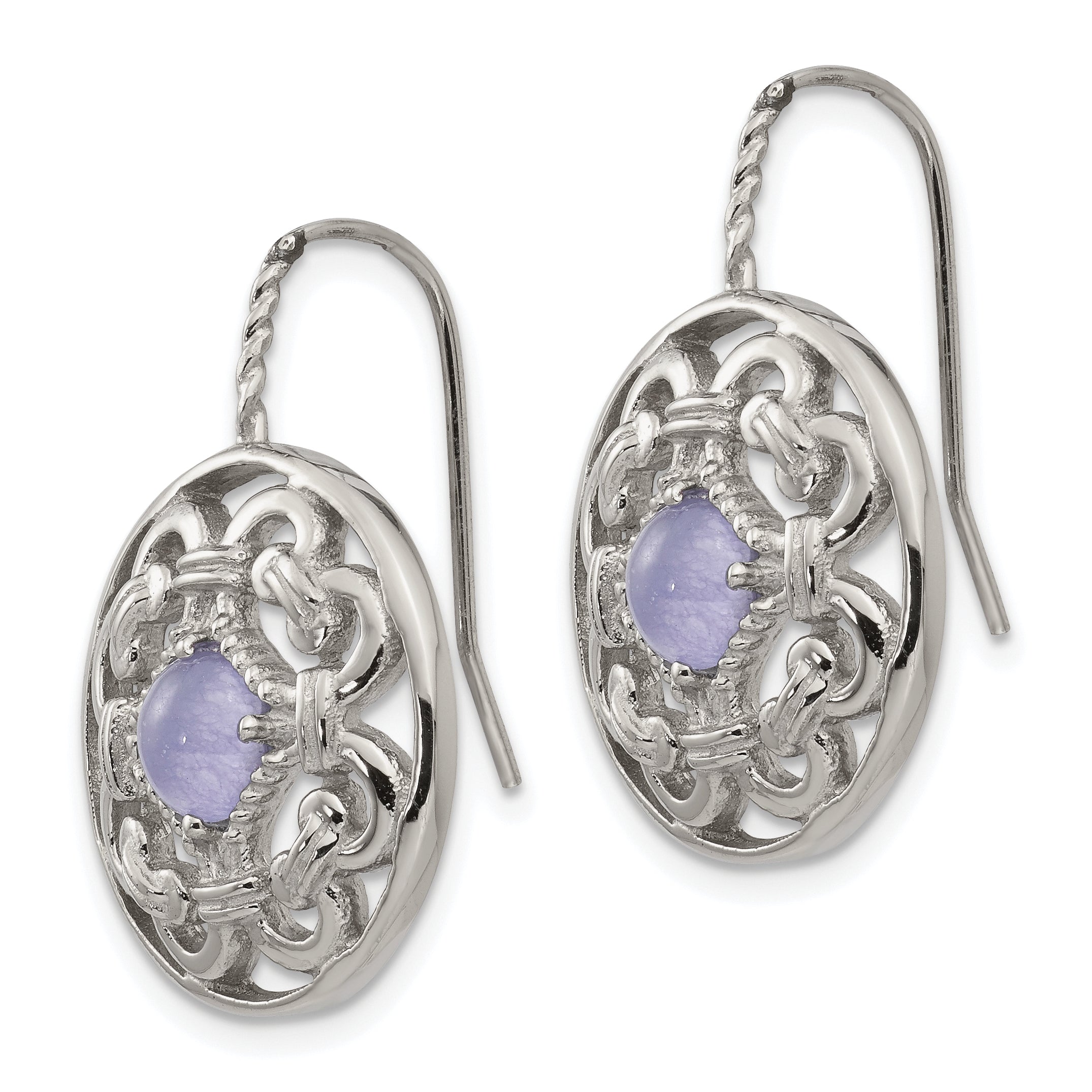 Polished Stainless Steel Purple Calcedony Dangle Earrings in Gift Pouch