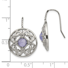 Polished Stainless Steel Purple Calcedony Dangle Earrings in Gift Pouch