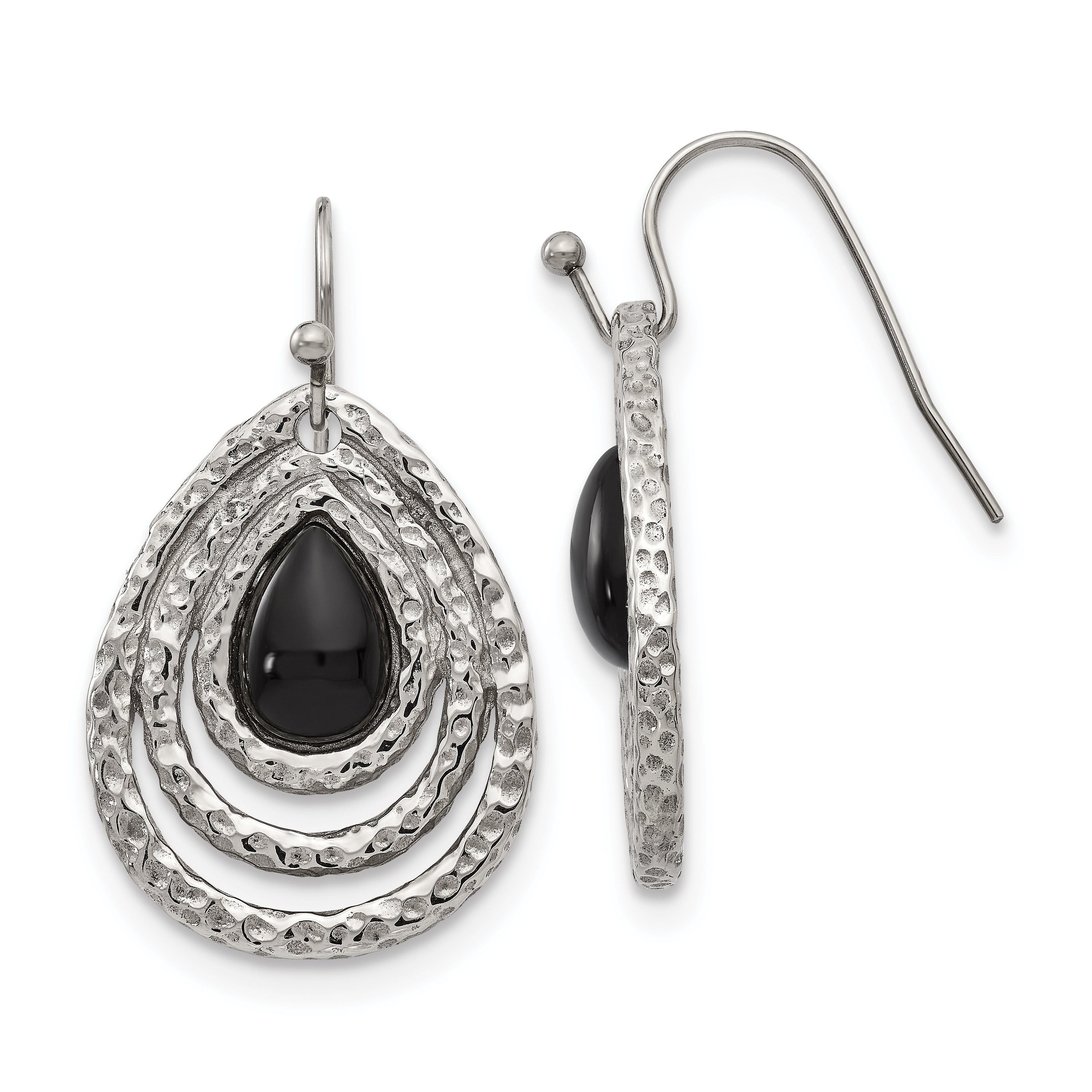 Chisel Stainless Steel Polished and Textured Black Onyx Shepherd Hook Earrings