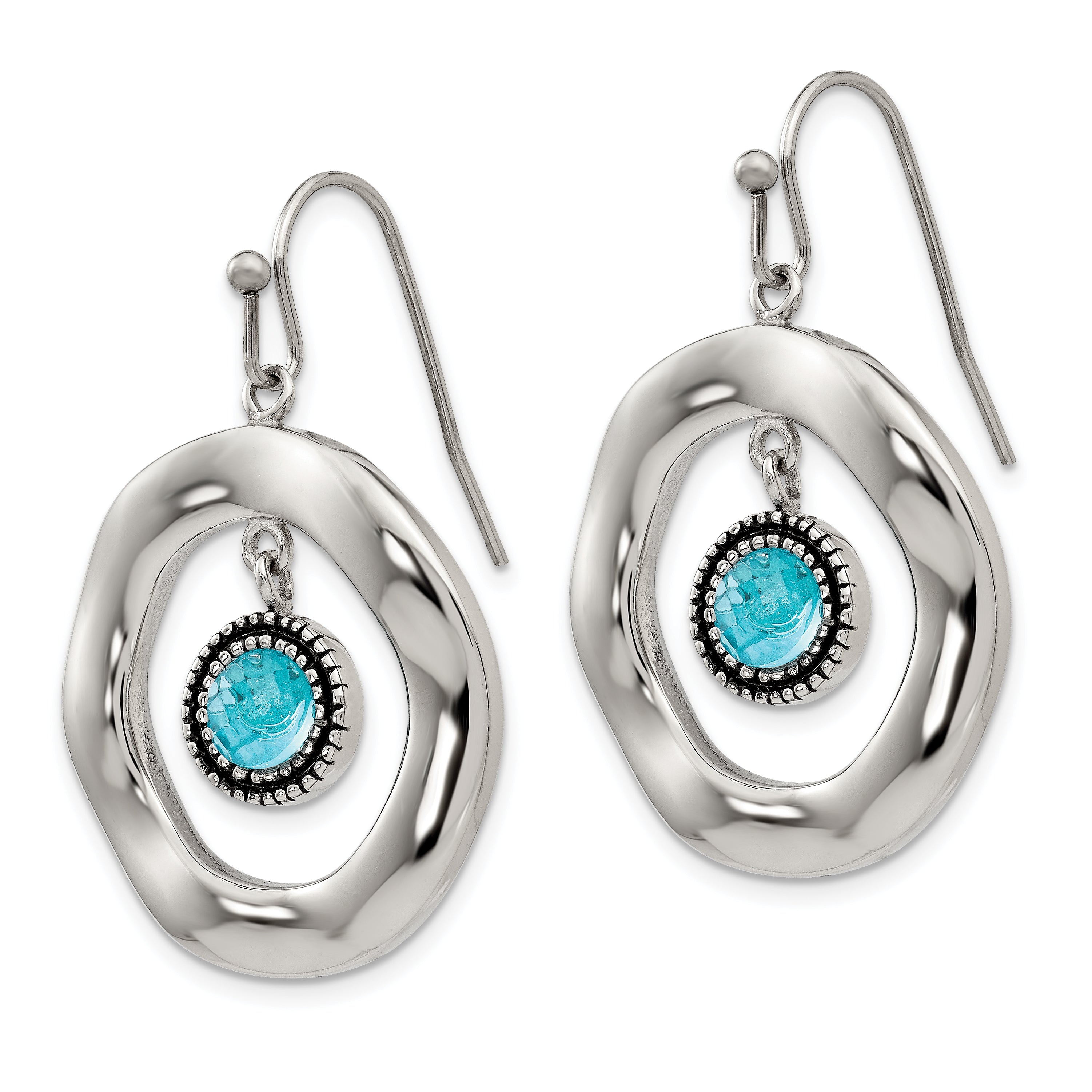 Stainless Steel Polished Wavy Circle w/Blue Glass Shepherd Hook Earrings