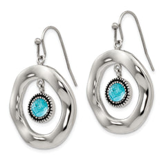 Stainless Steel Polished Wavy Circle w/Blue Glass Shepherd Hook Earrings