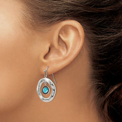 Stainless Steel Polished Wavy Circle w/Blue Glass Shepherd Hook Earrings