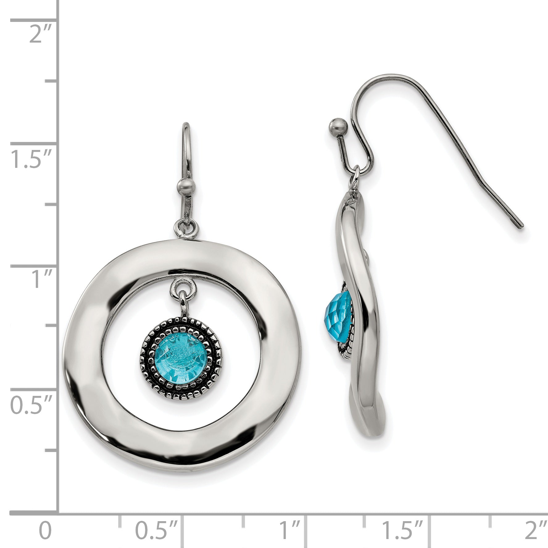 Stainless Steel Polished Wavy Circle w/Blue Glass Shepherd Hook Earrings