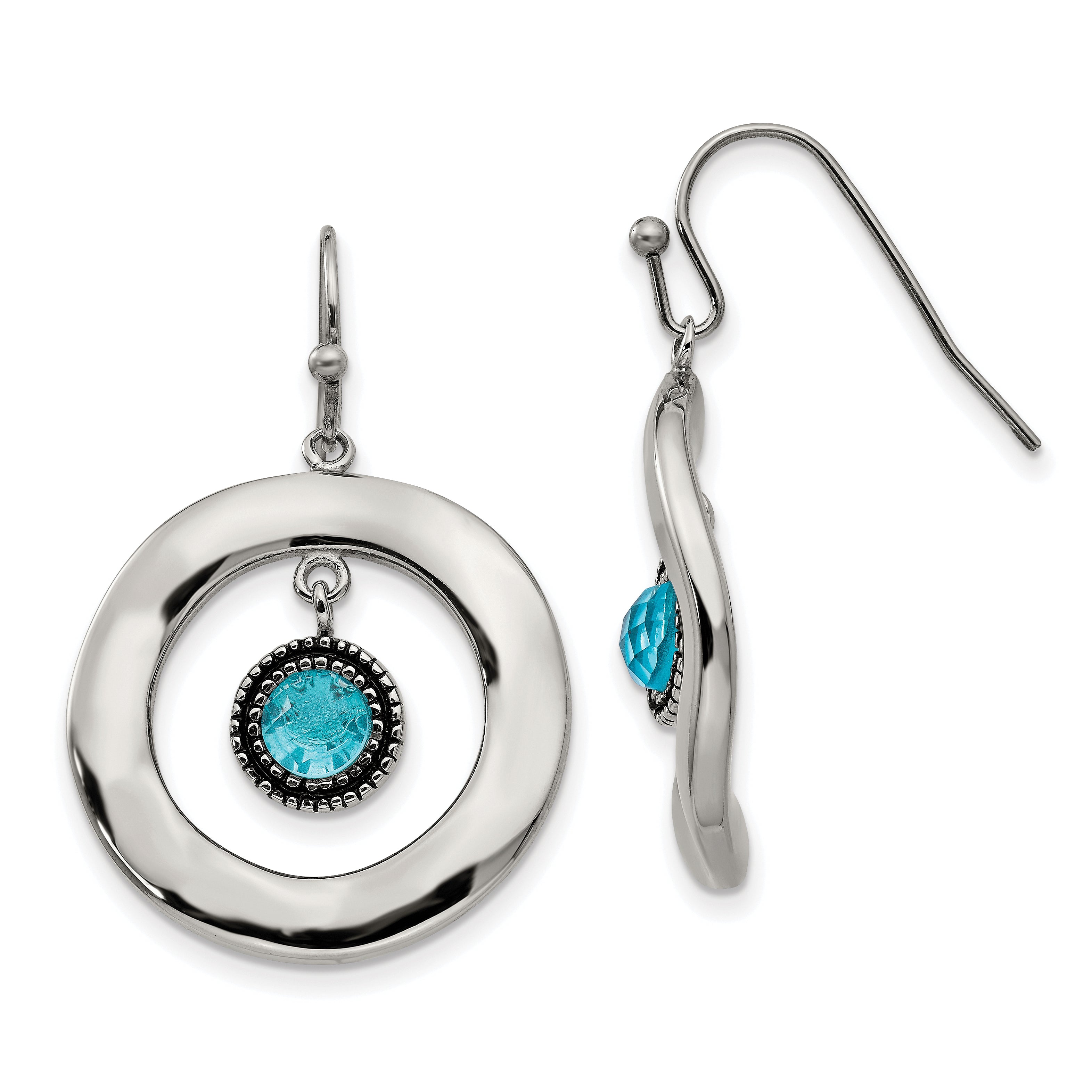 Stainless Steel Polished Wavy Circle w/Blue Glass Shepherd Hook Earrings