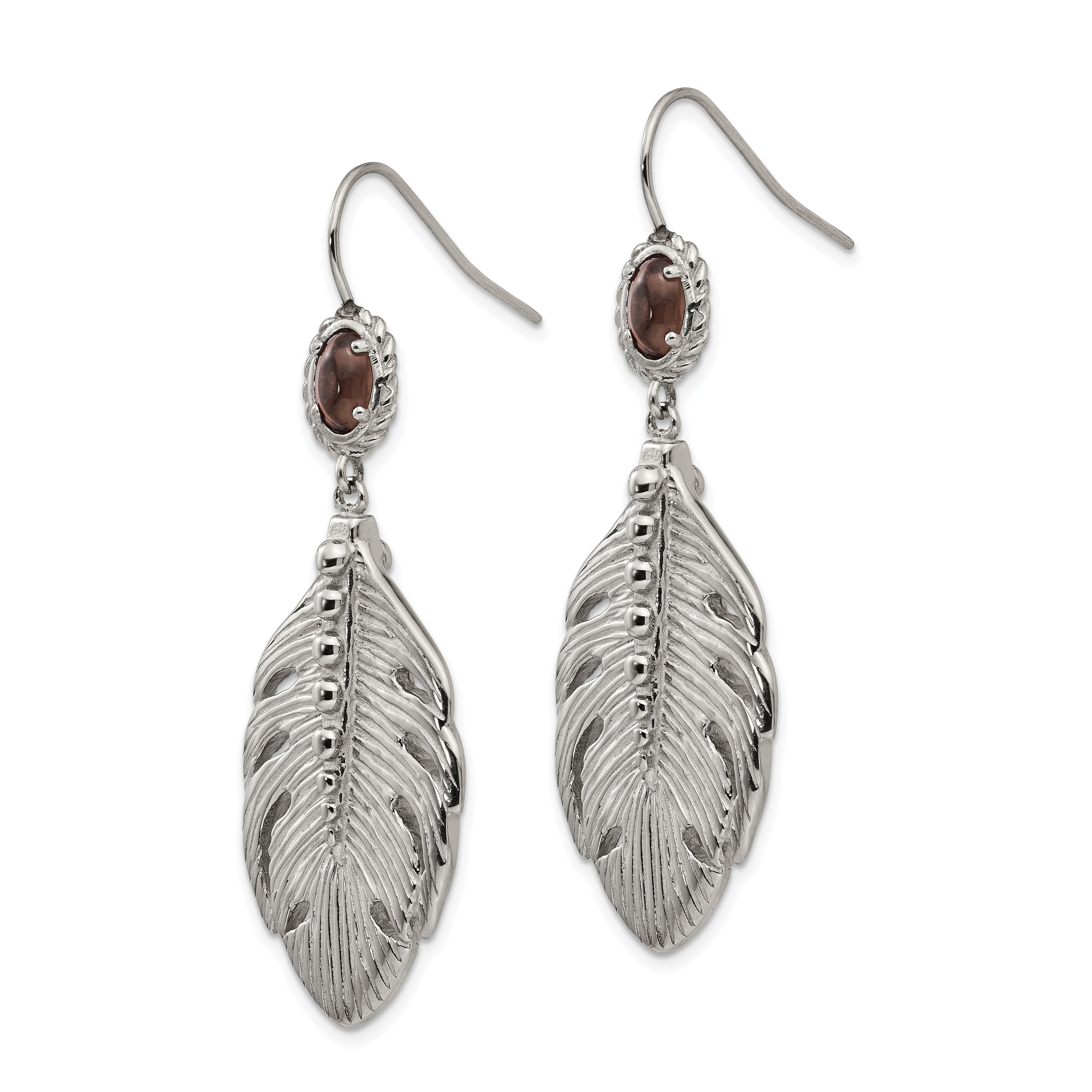 Stainless Steel Polished and Textured Smoky Quartz Feather Earrings