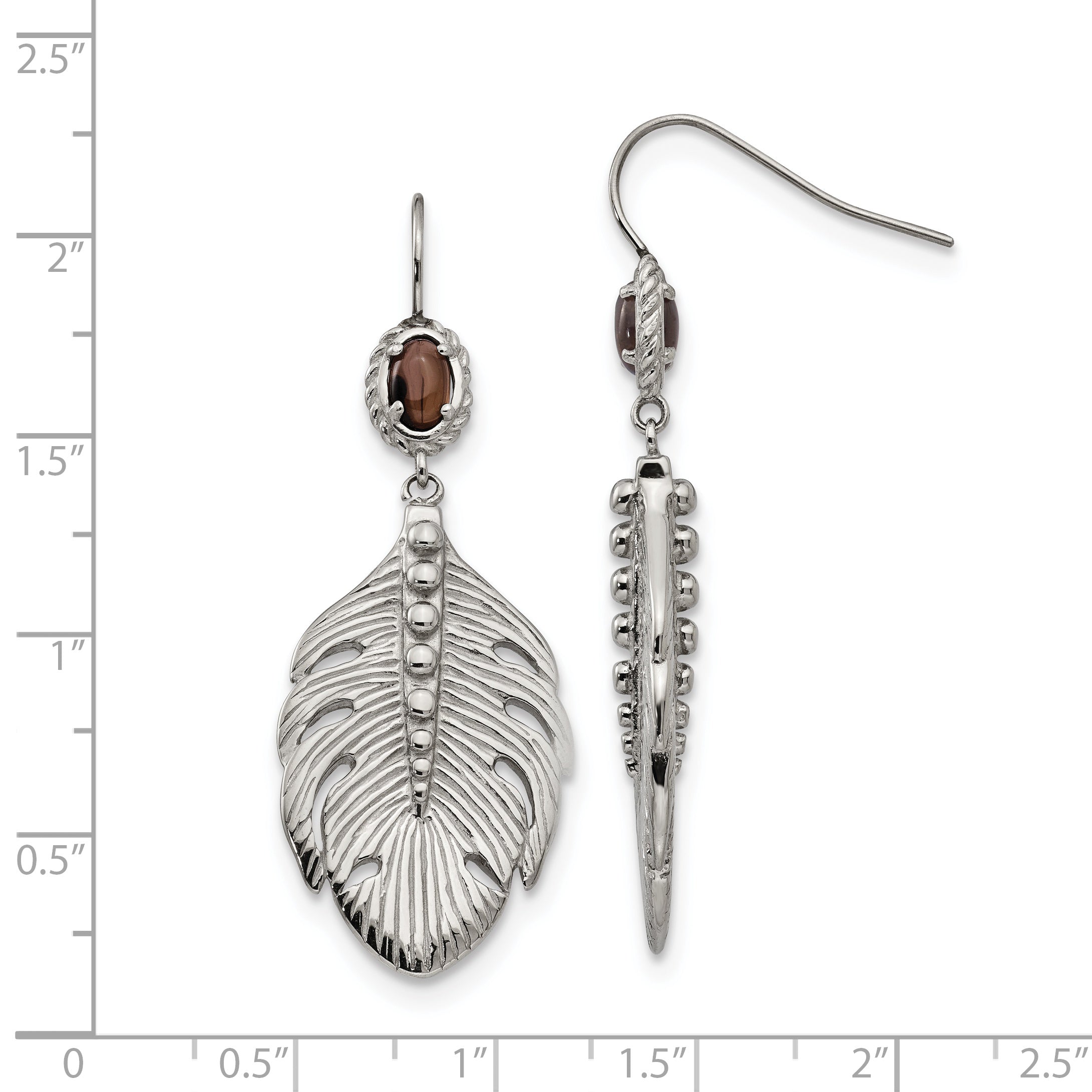 Stainless Steel Polished and Textured Smoky Quartz Feather Earrings