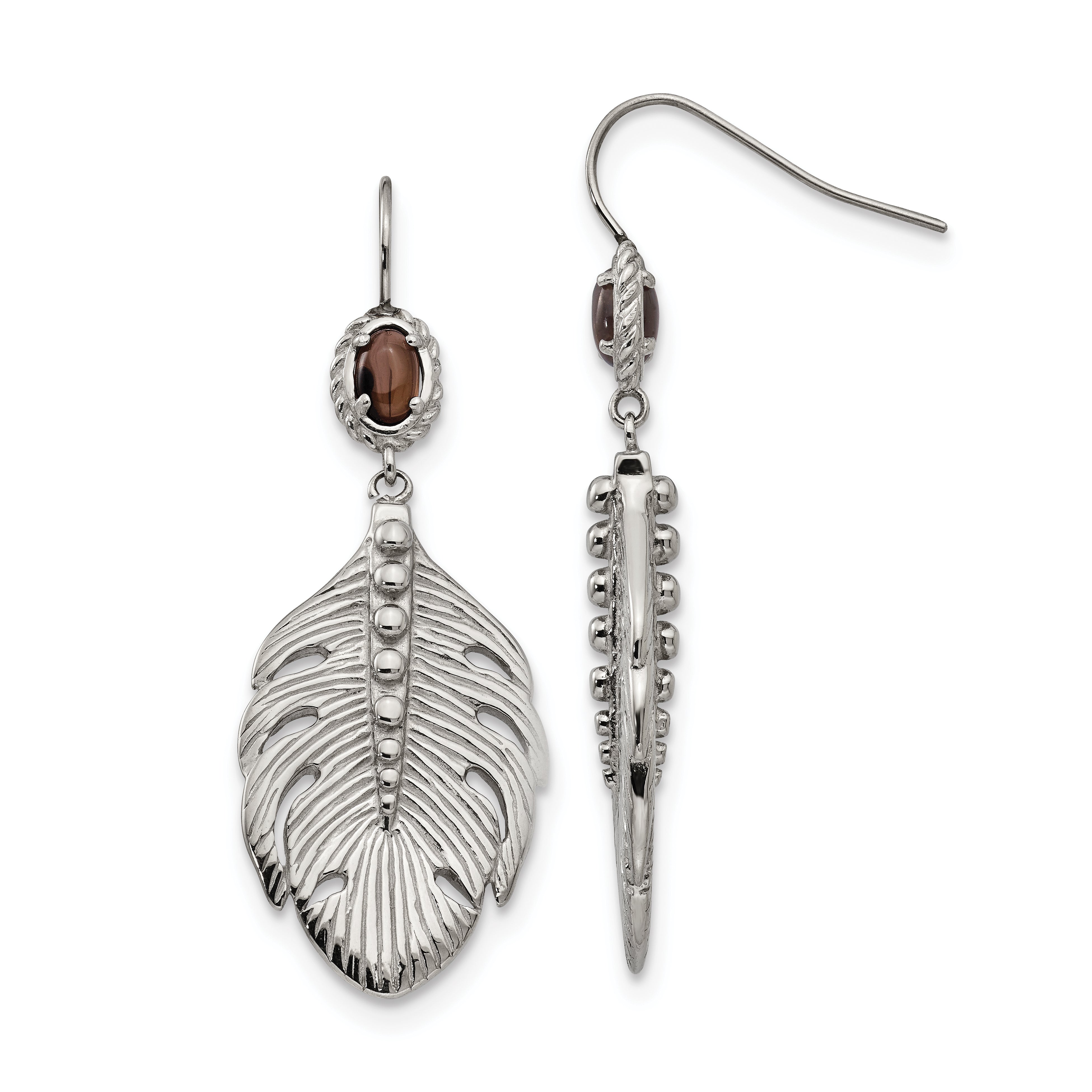 Stainless Steel Polished and Textured Smoky Quartz Feather Earrings