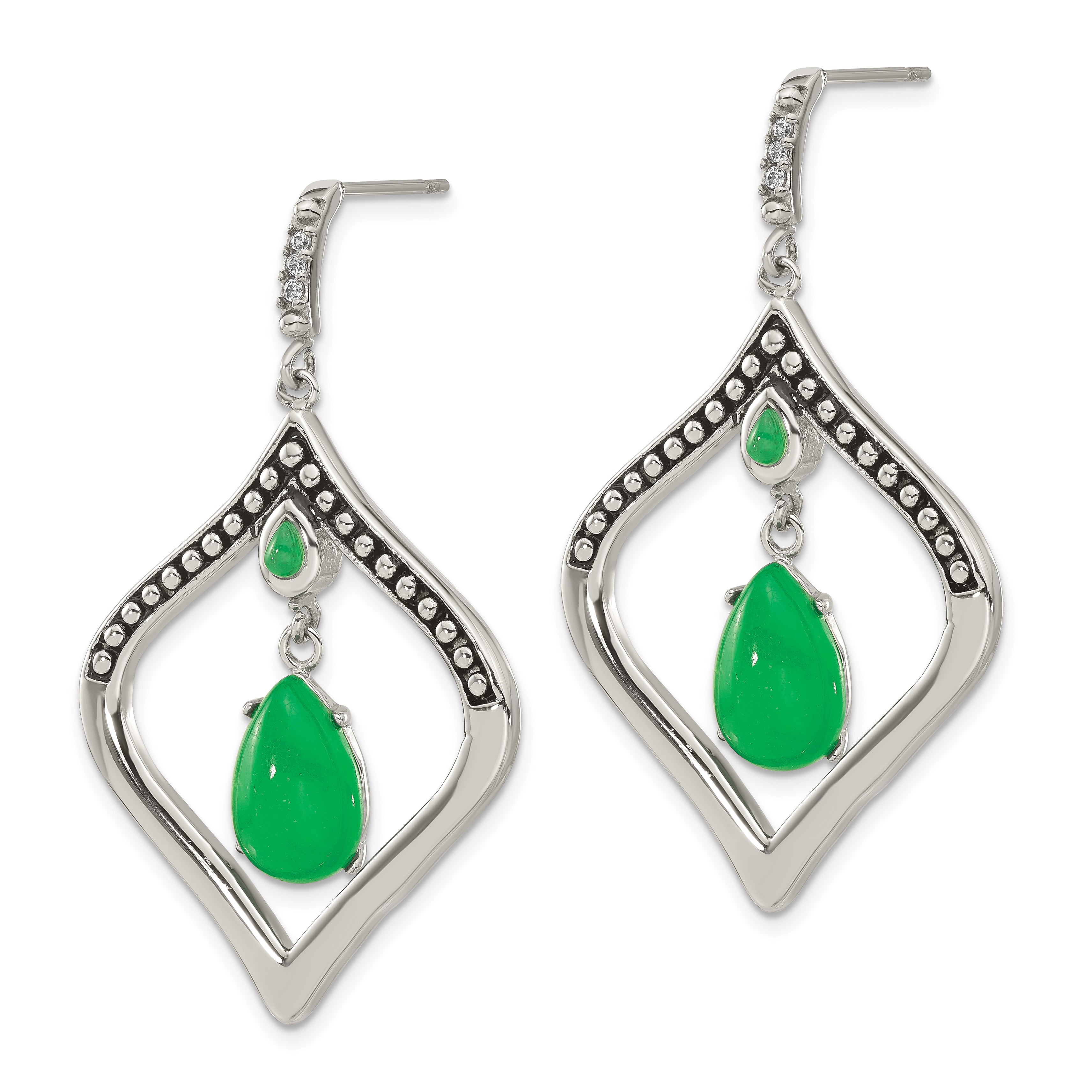 Stainless Steel Polished/Antiqued Syn. Dyed Jade & CZ  Post Dangle Earrings