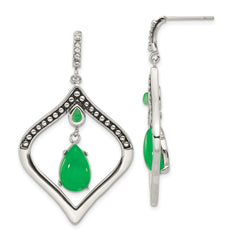 Stainless Steel Polished/Antiqued Syn. Dyed Jade & CZ  Post Dangle Earrings