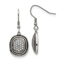 Chisel Stainless Steel Antiqued and Polished with CZ Dangle Shepherd Hook Earrings