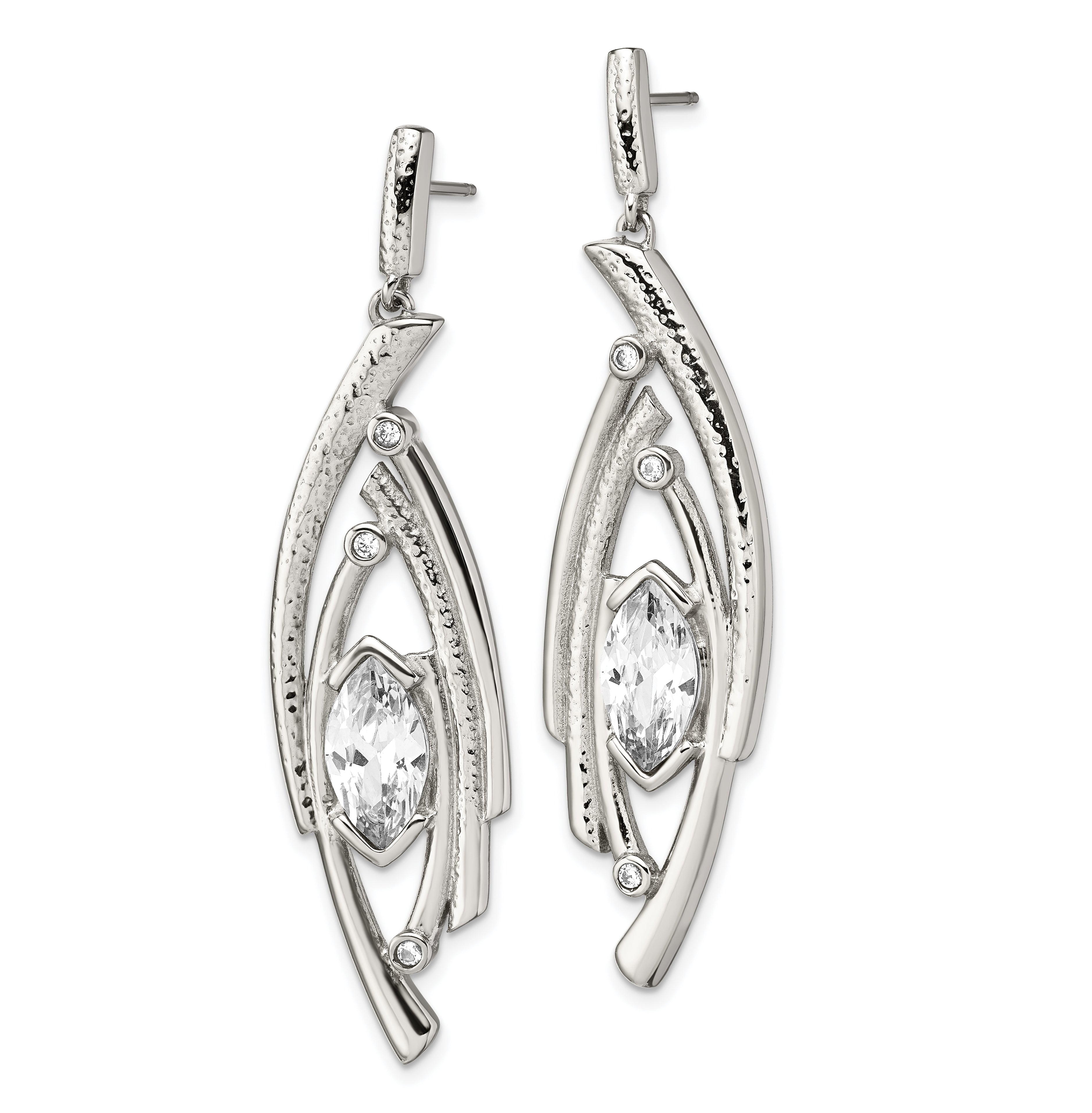 Stainless Steel Polished Textured Marquise Shape CZ Post Dangle Earrings