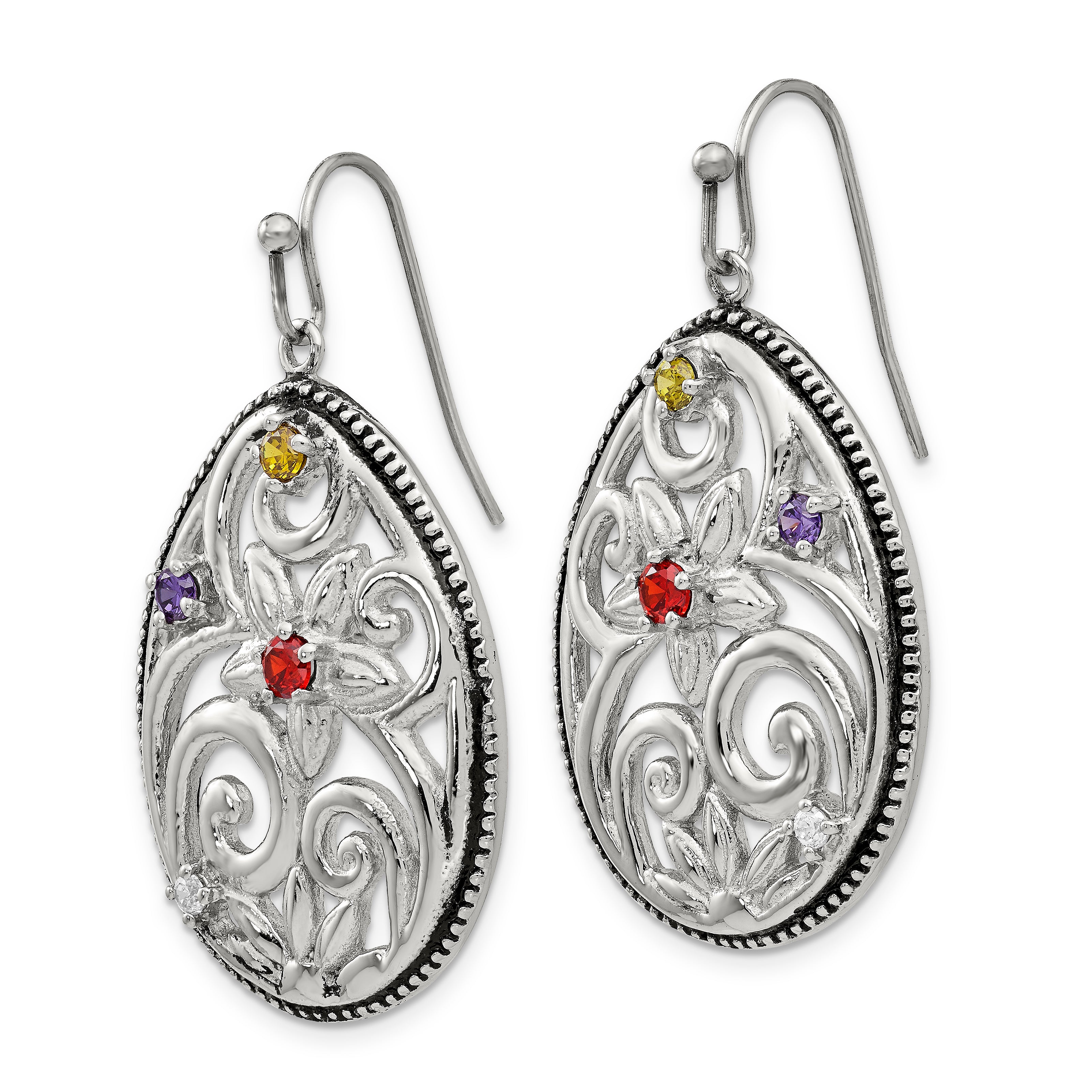 Stainless Steel Multicolor CZ Dangle Earrings with Polished Antiqued Finish