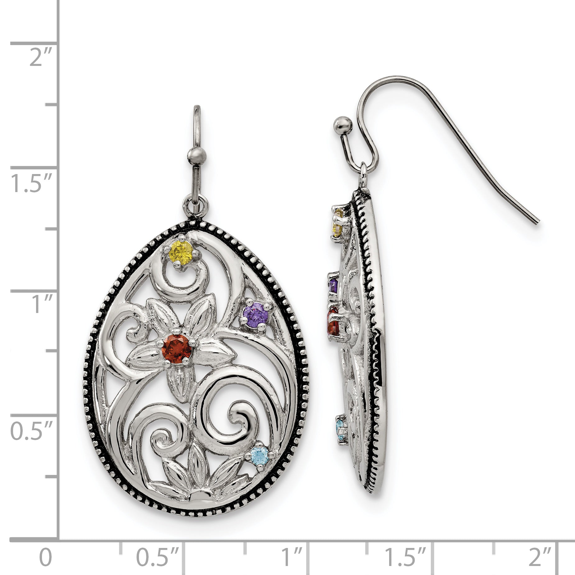 Stainless Steel Multicolor CZ Dangle Earrings with Polished Antiqued Finish