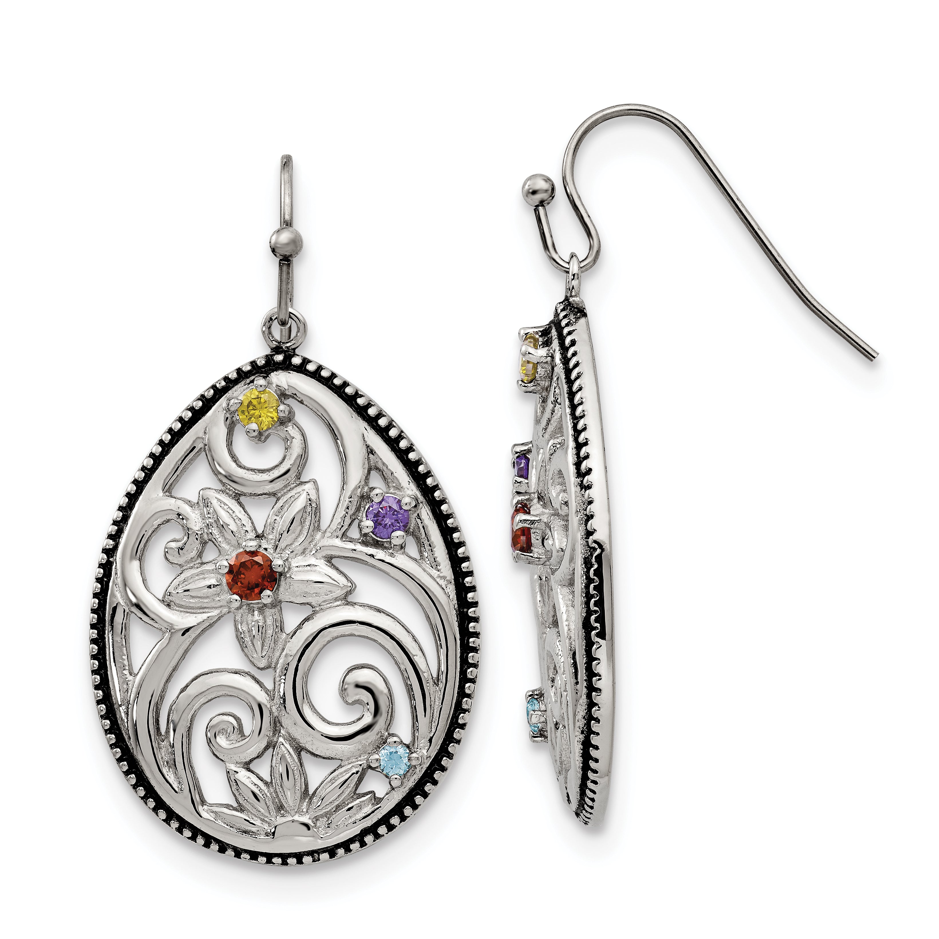 Chisel Stainless Steel Antiqued and Polished with Multicolor CZ Dangle Shepherd Hook Earrings