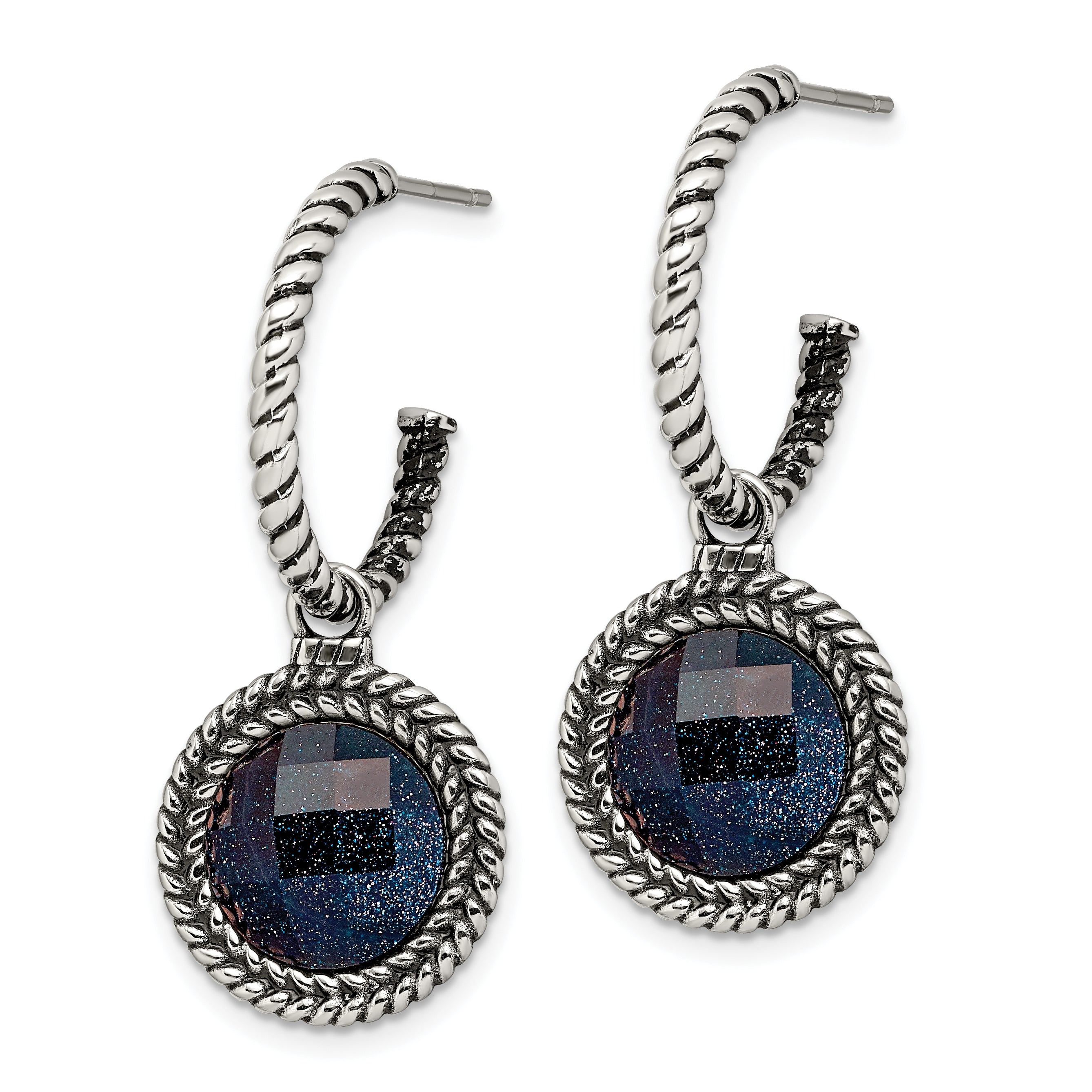 Stainless Steel Blue Sandstone Reversible Women's Hoop Earrings